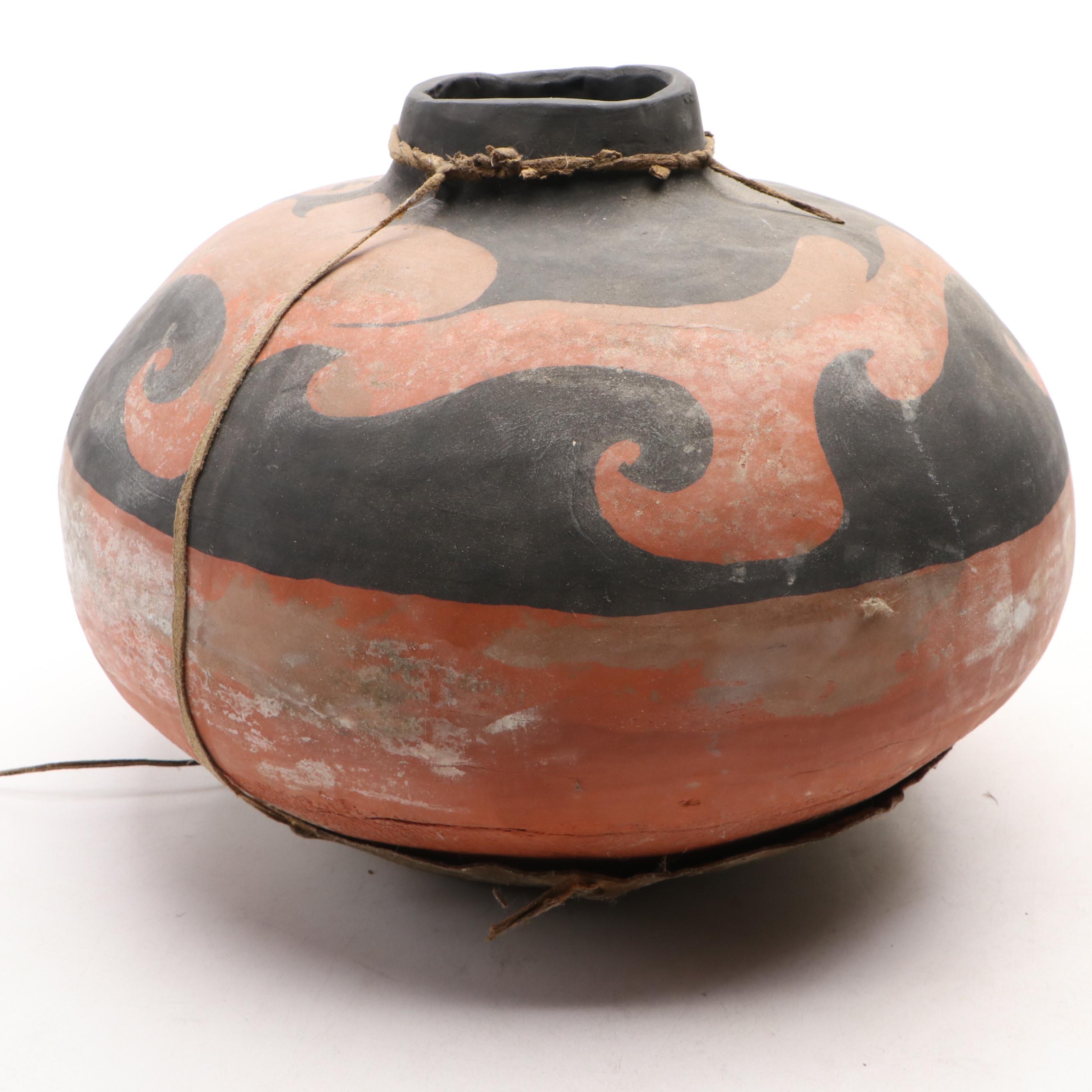 Handmade Terracotta Vessel in Painted Wave Pattern with Leather Carrier