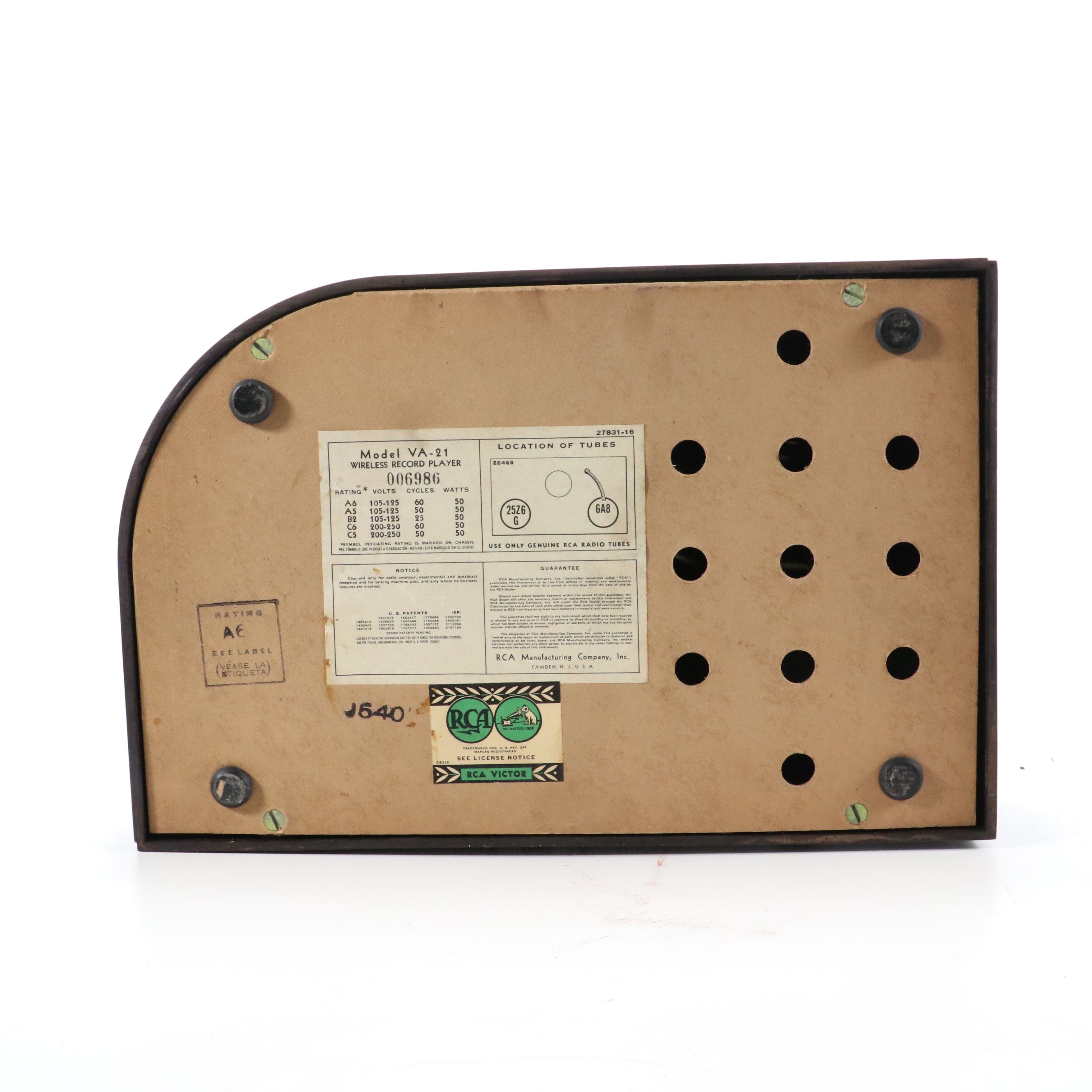 RCA Victrola VA-21 Two-Tube Wireless Record Player with Record Single, 1940s