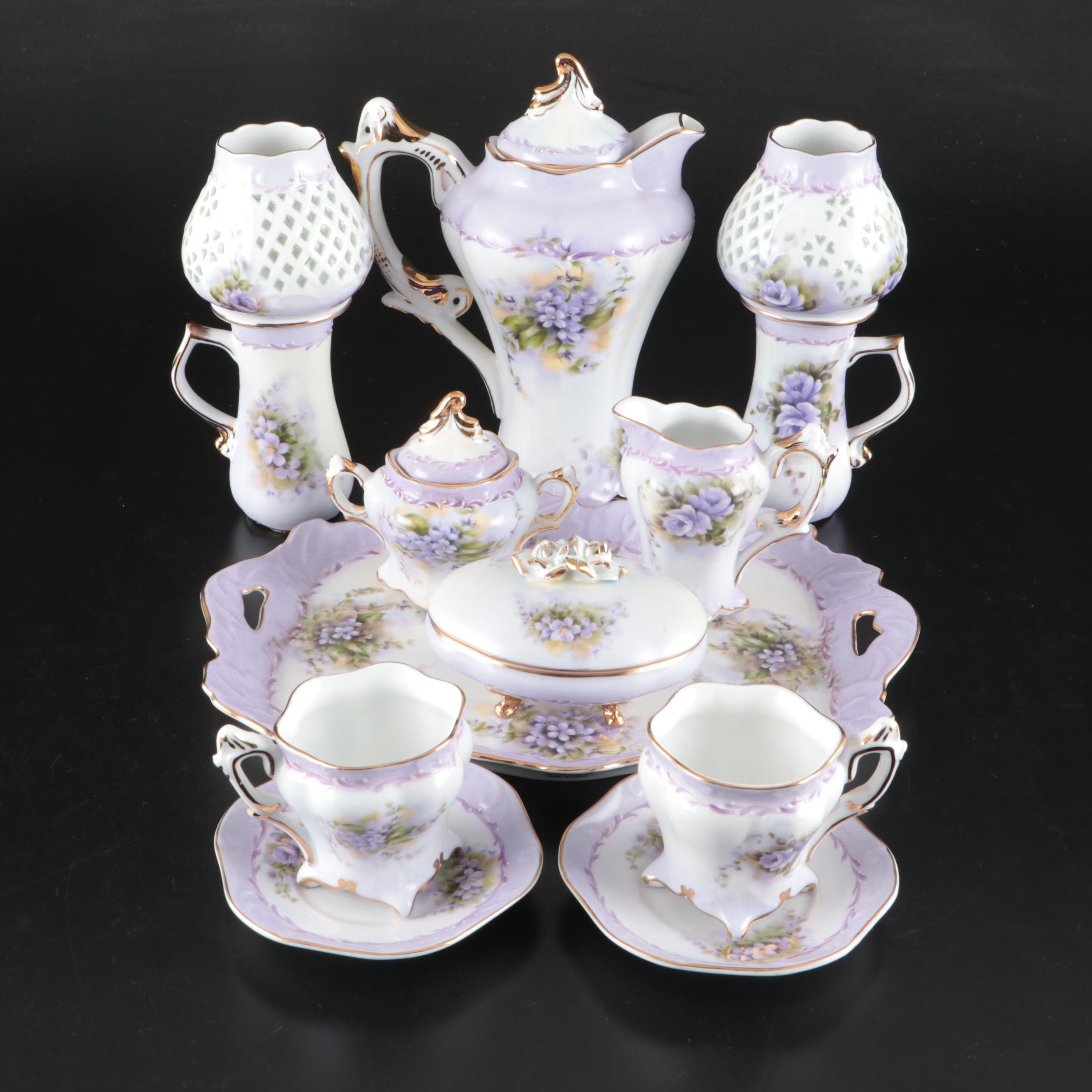 Porcelain Treasures Victorian Style Tea Set with Reticulated Oil Lamps