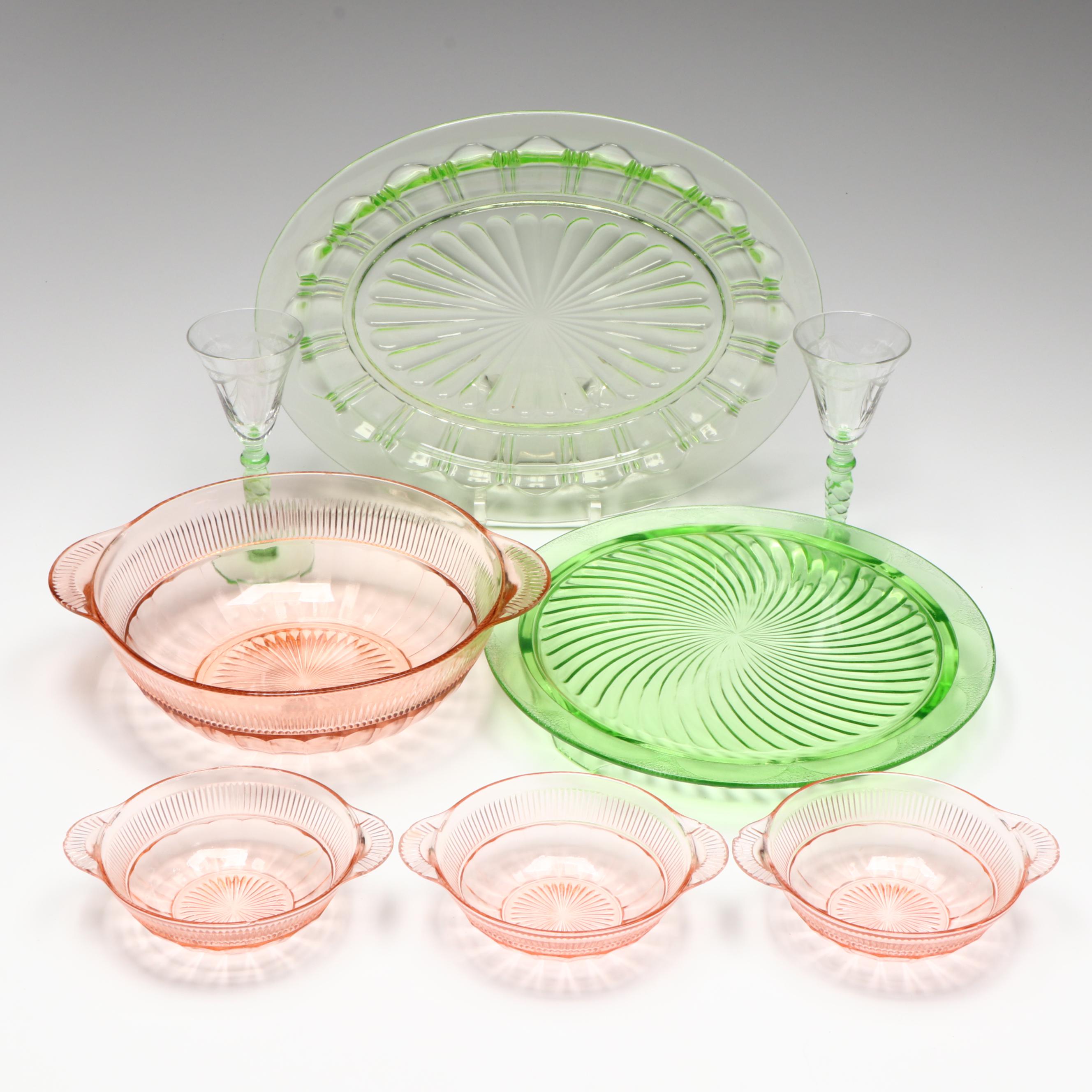 Uranium Glass Trays and Wine Glasses with Other Depression Glass Bowls