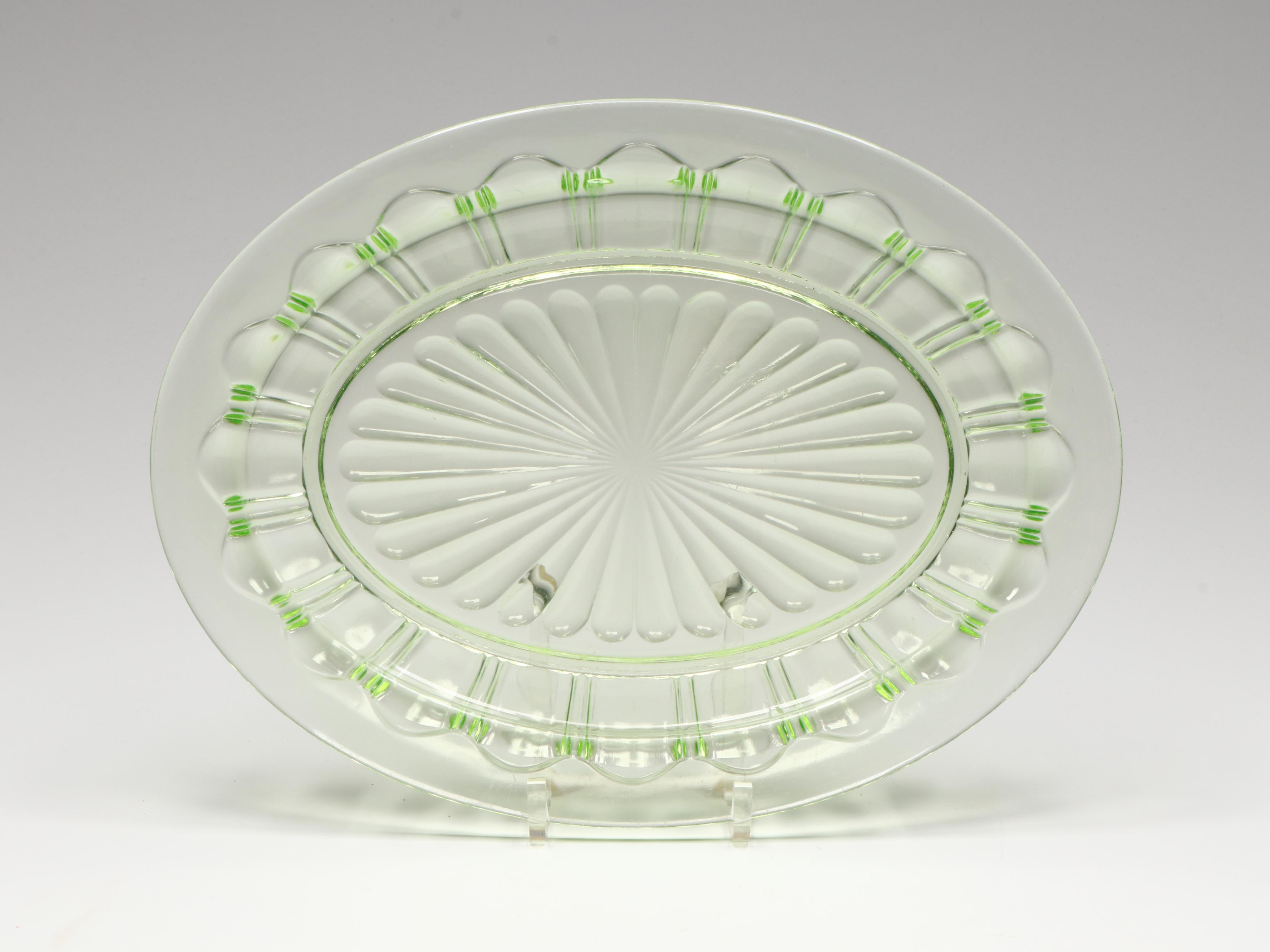 Uranium Glass Trays and Wine Glasses with Other Depression Glass Bowls