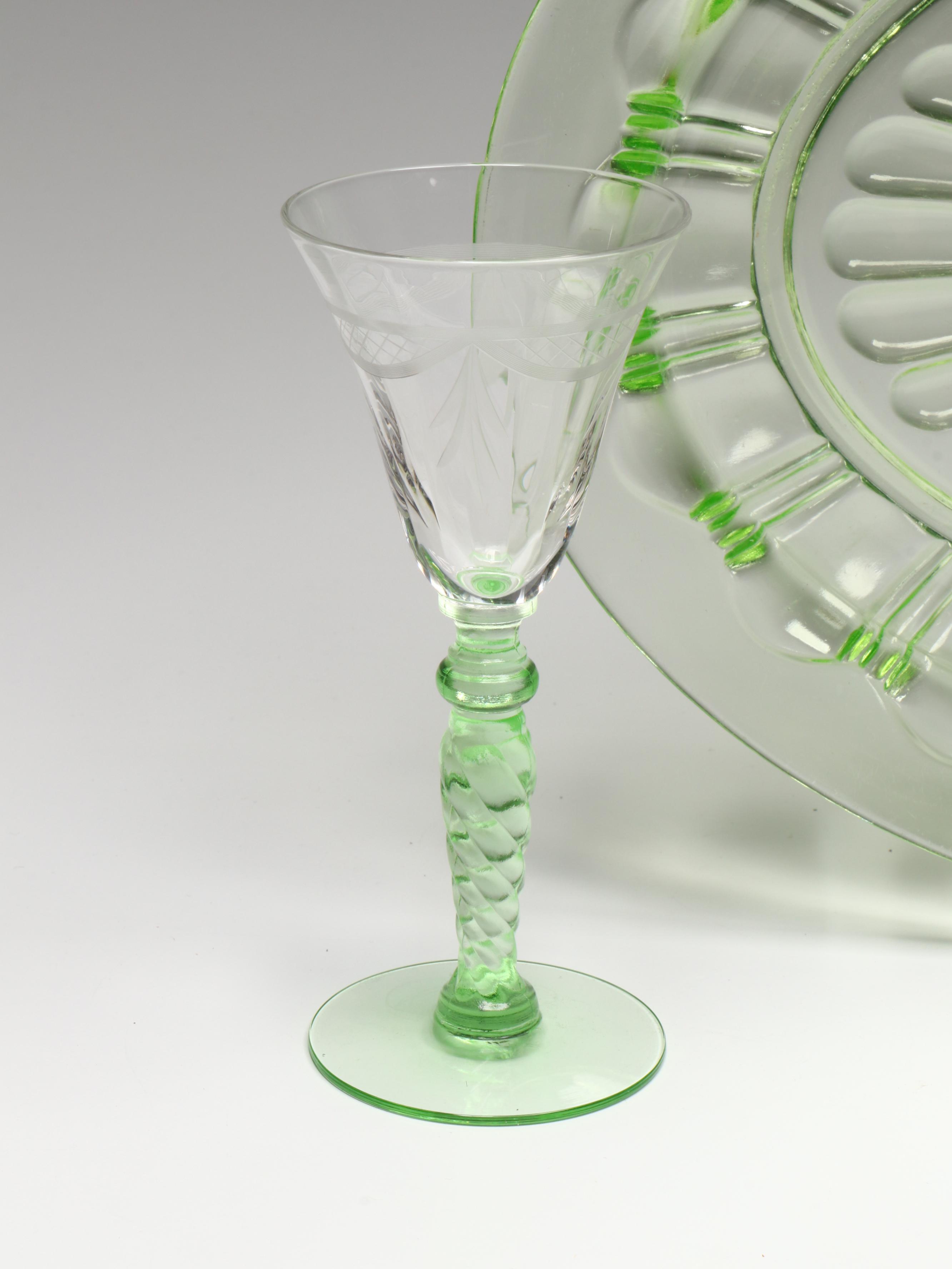 Uranium Glass Trays and Wine Glasses with Other Depression Glass Bowls
