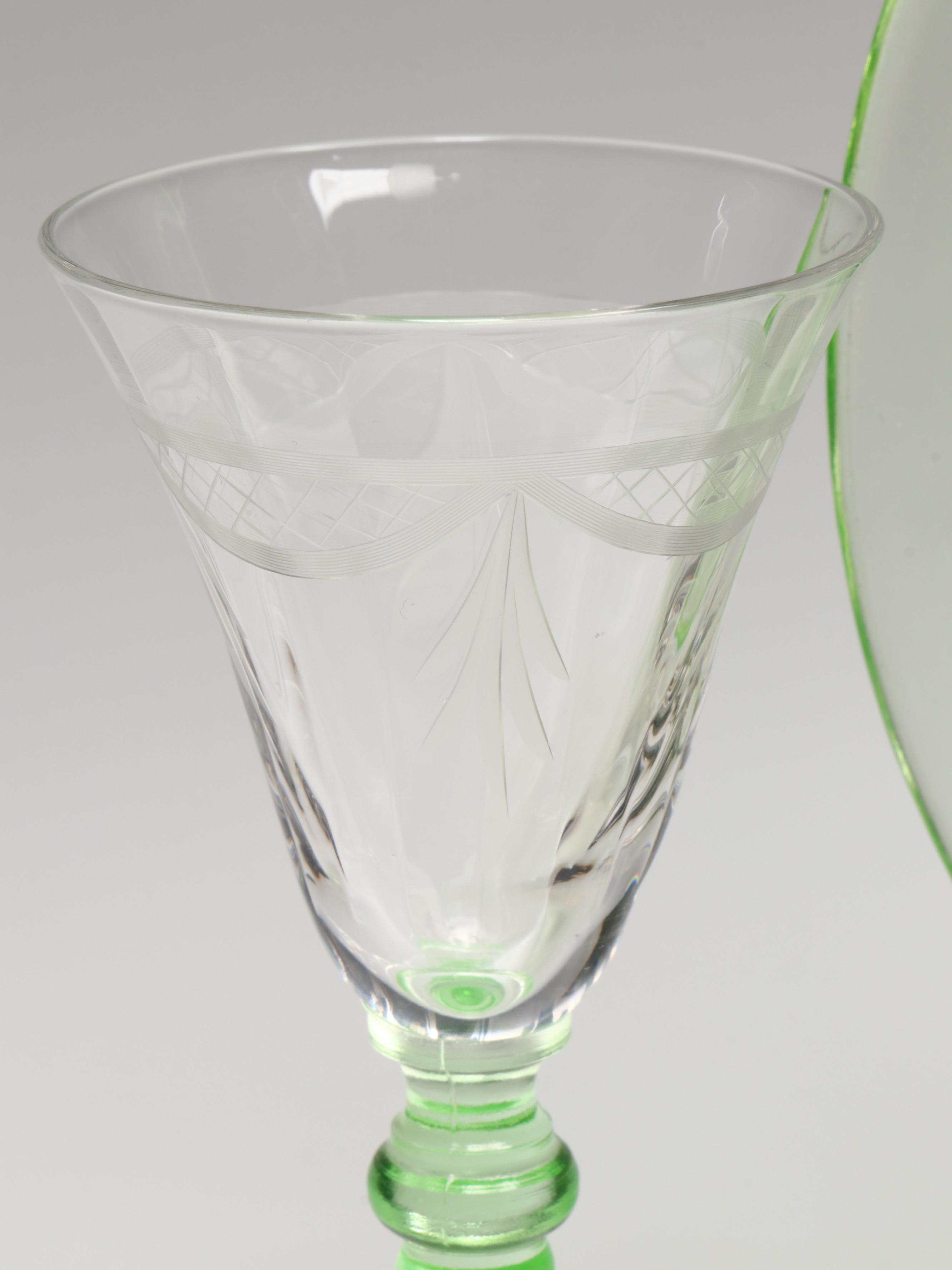 Uranium Glass Trays and Wine Glasses with Other Depression Glass Bowls