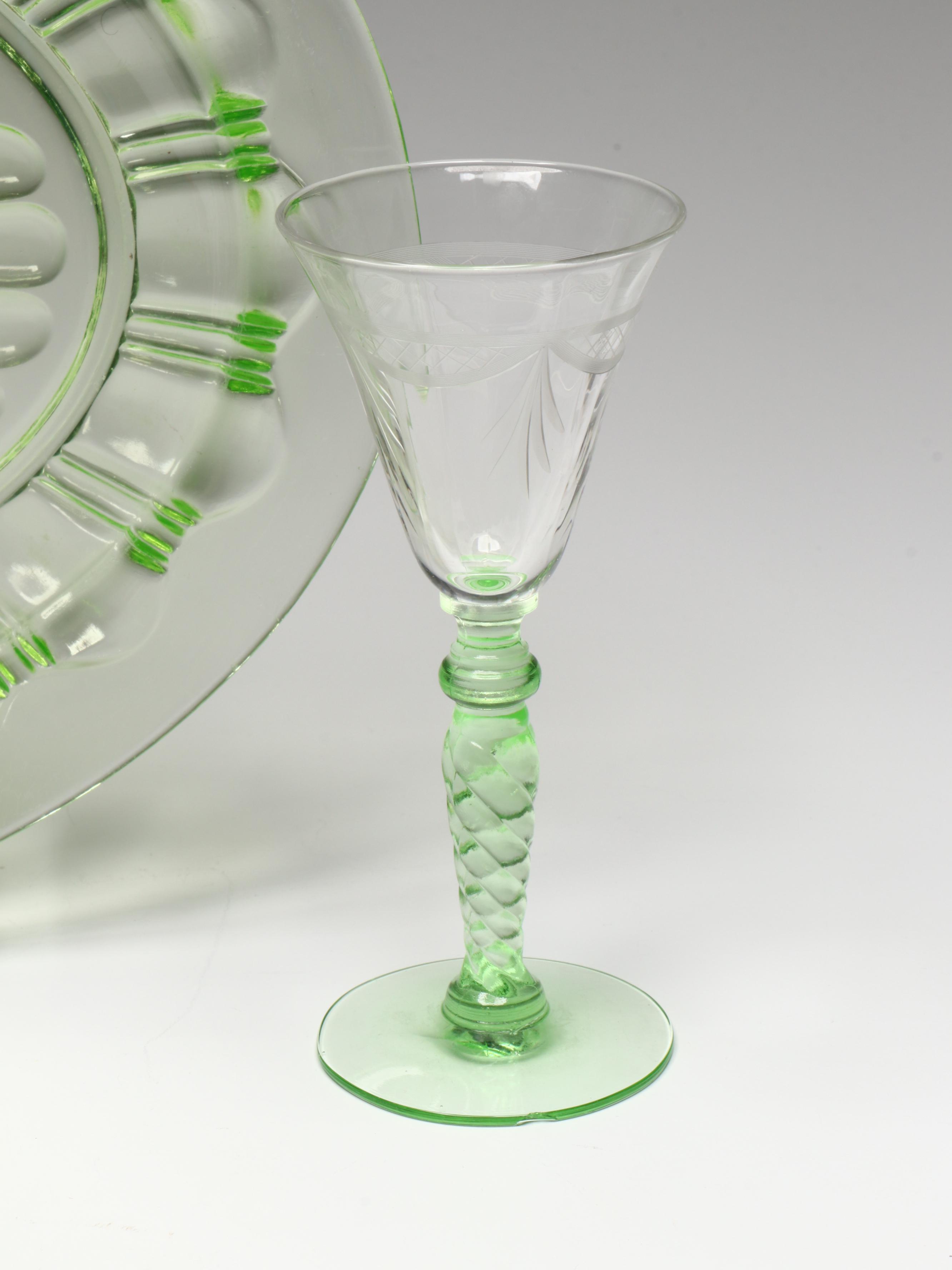 Uranium Glass Trays and Wine Glasses with Other Depression Glass Bowls