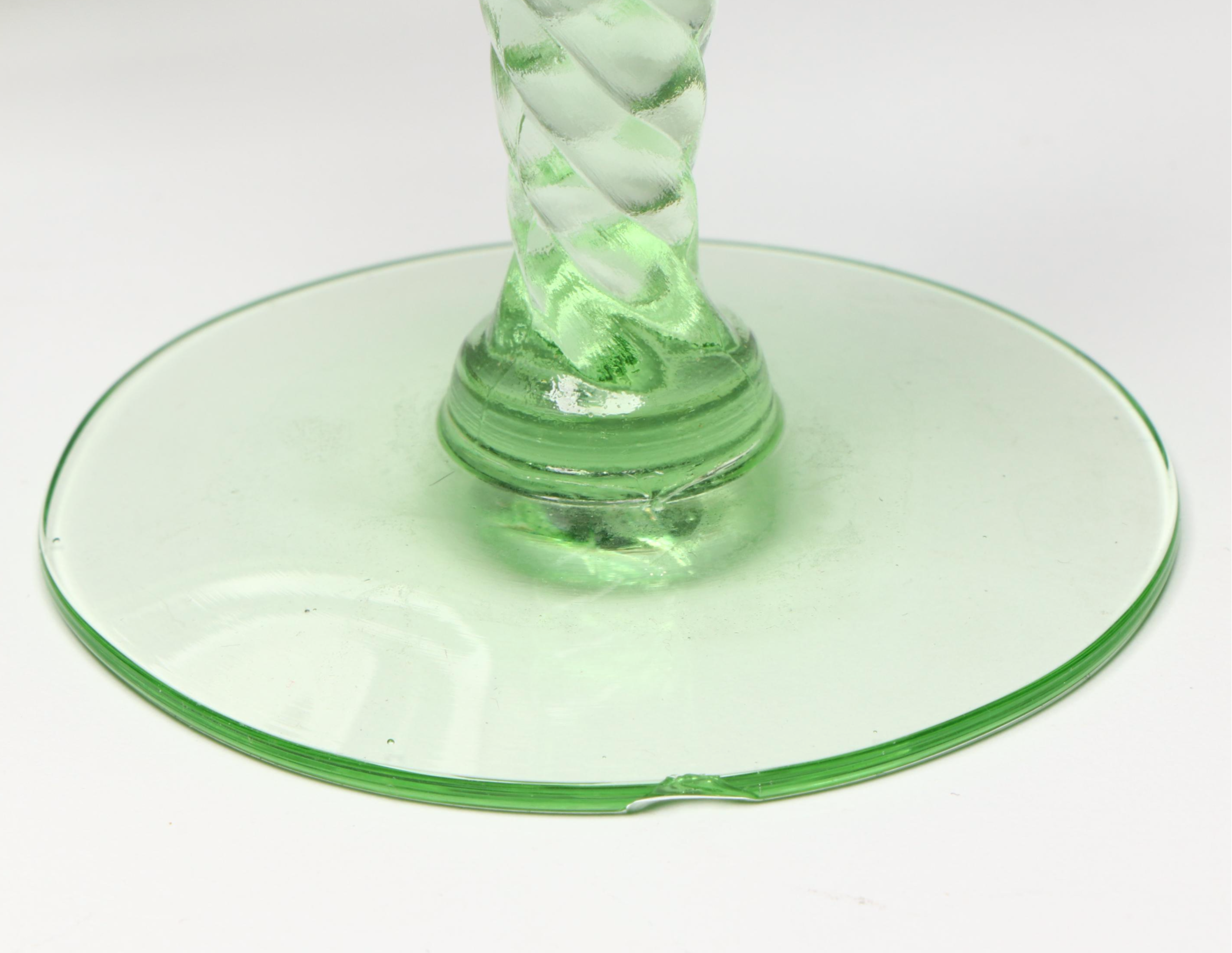 Uranium Glass Trays and Wine Glasses with Other Depression Glass Bowls