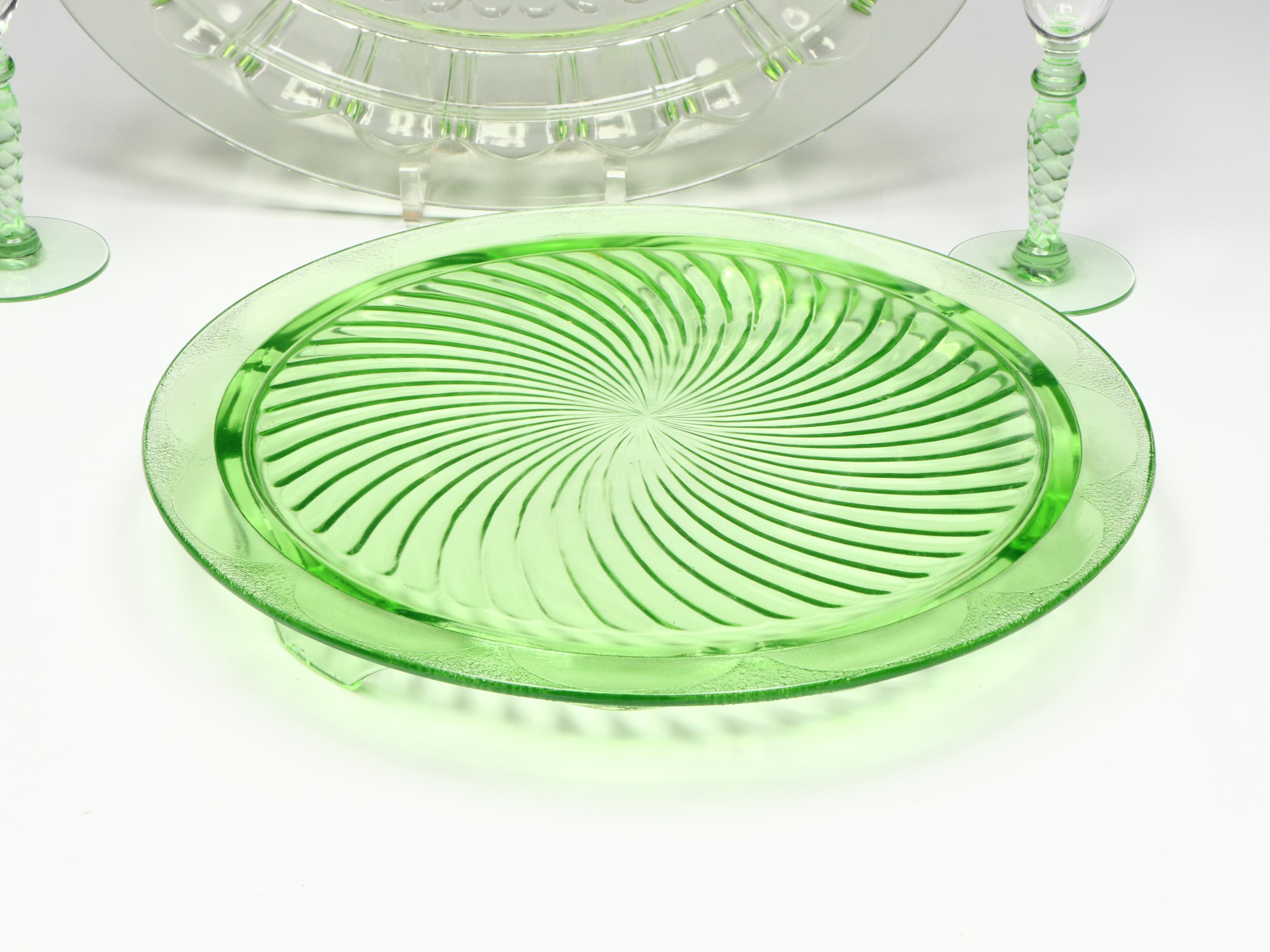 Uranium Glass Trays and Wine Glasses with Other Depression Glass Bowls