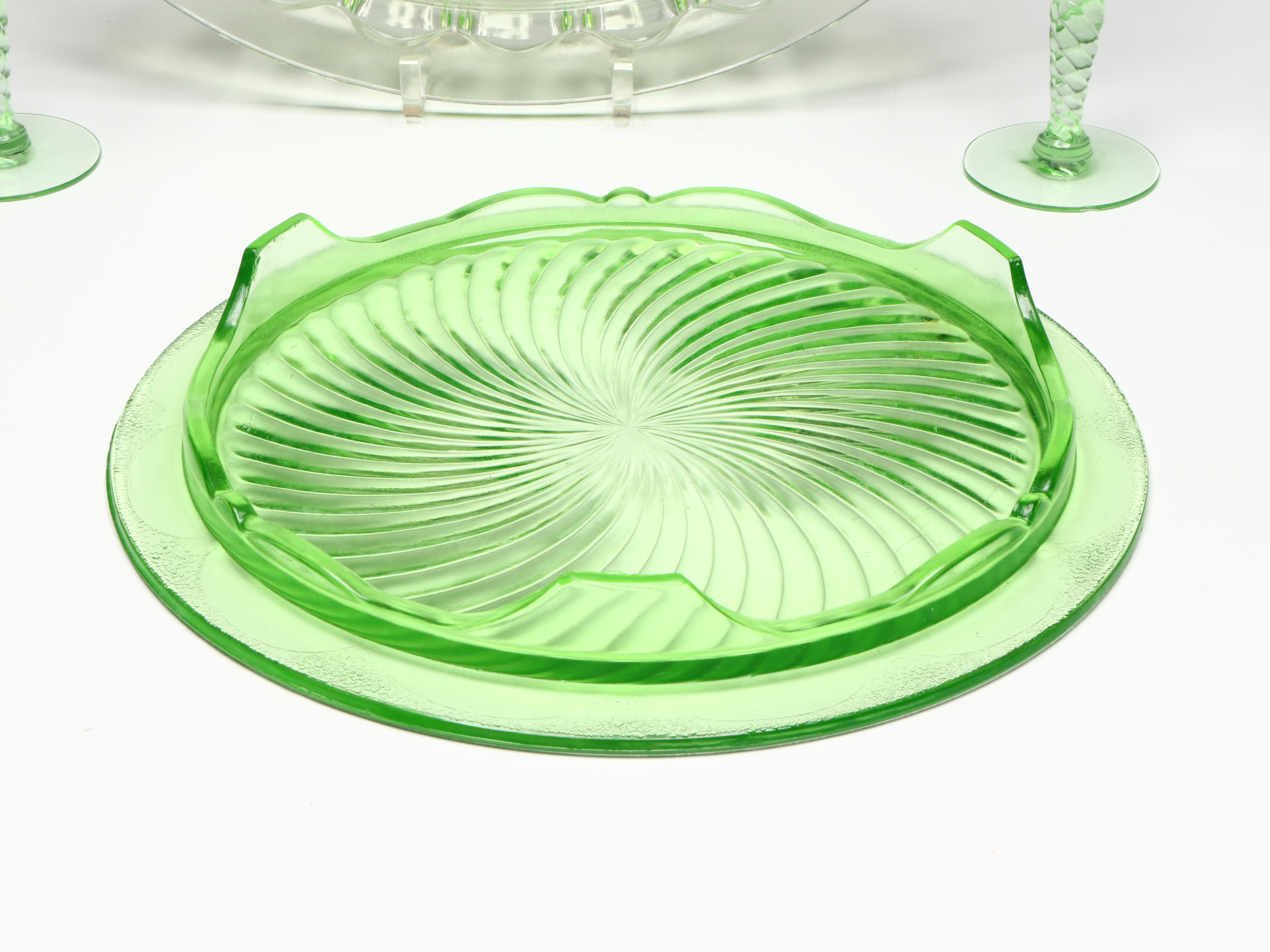 Uranium Glass Trays and Wine Glasses with Other Depression Glass Bowls