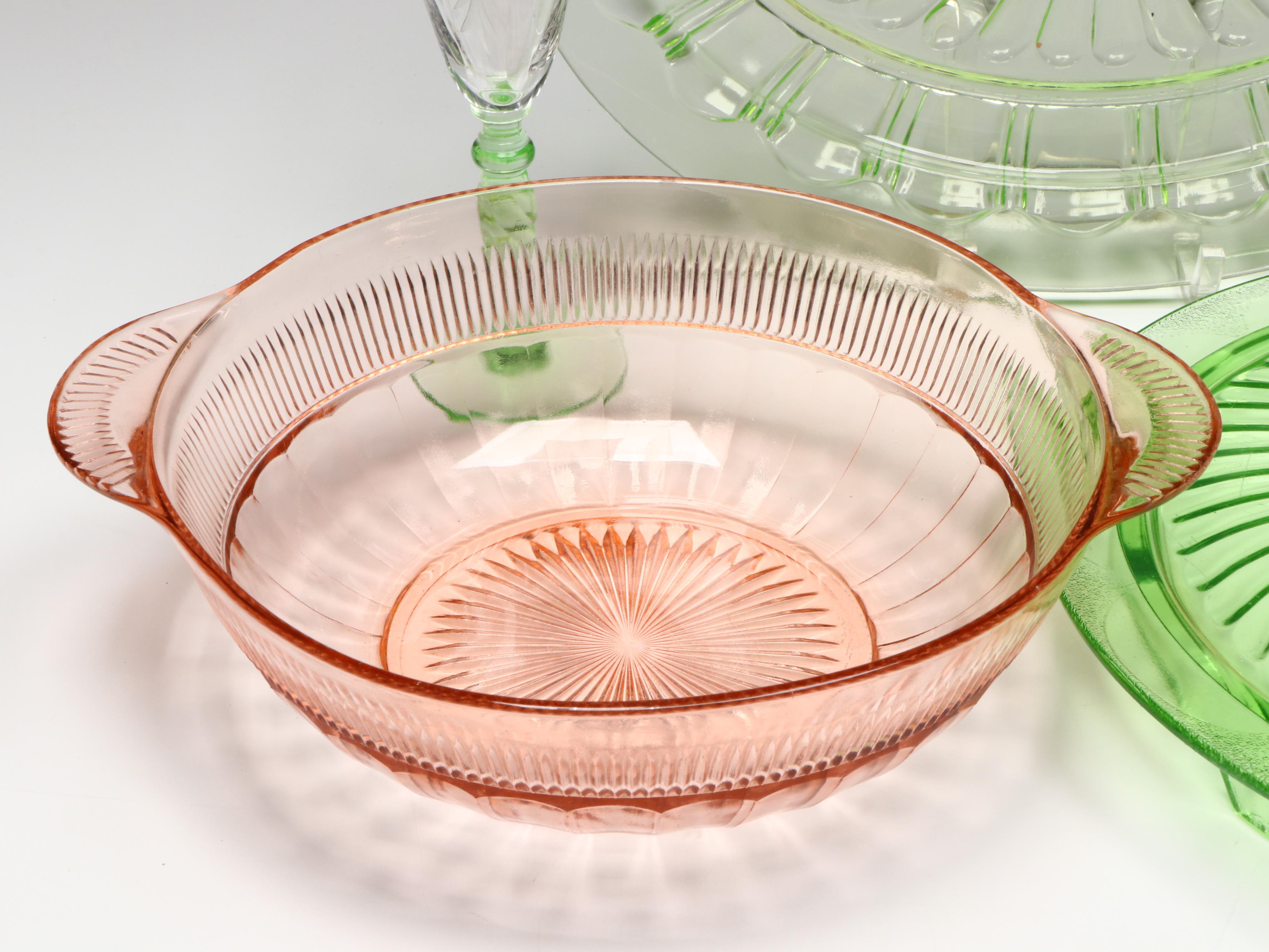Uranium Glass Trays and Wine Glasses with Other Depression Glass Bowls