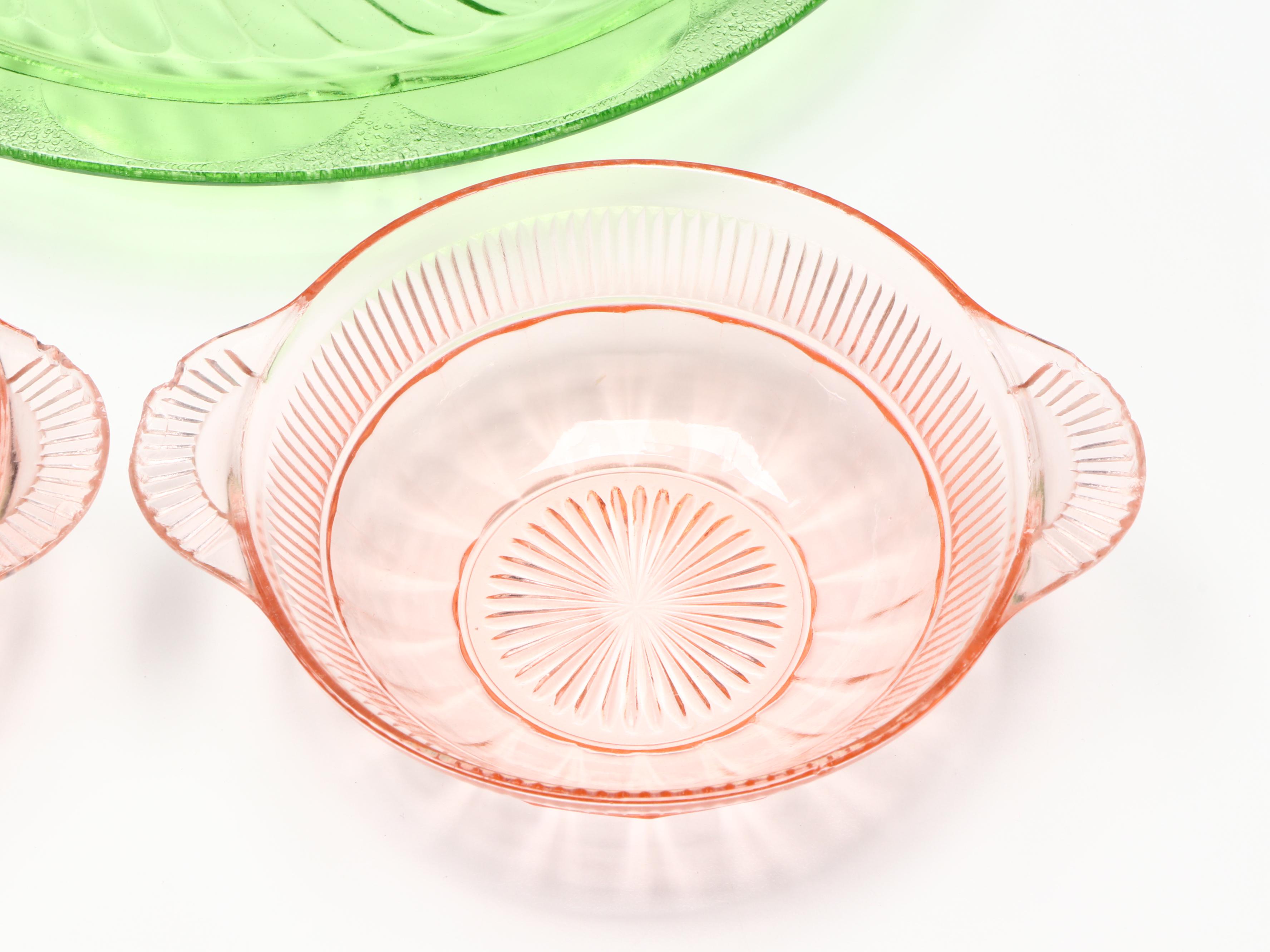 Uranium Glass Trays and Wine Glasses with Other Depression Glass Bowls
