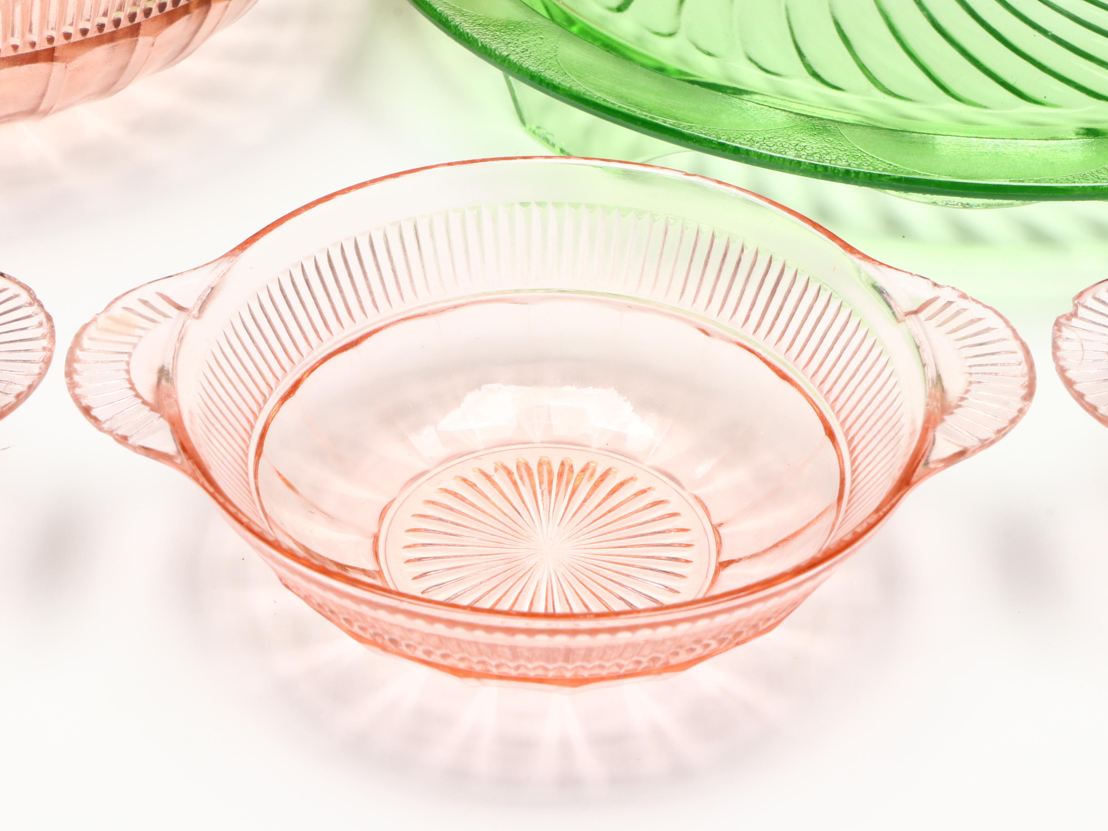 Uranium Glass Trays and Wine Glasses with Other Depression Glass Bowls