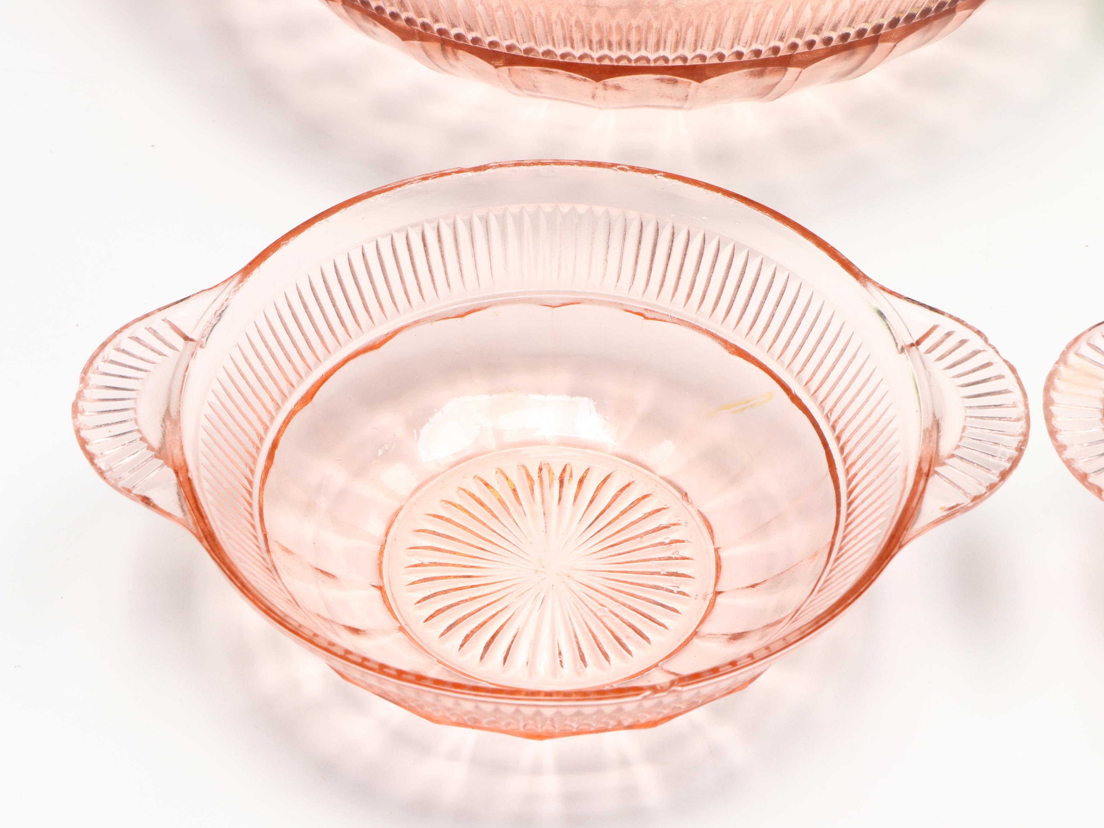 Uranium Glass Trays and Wine Glasses with Other Depression Glass Bowls