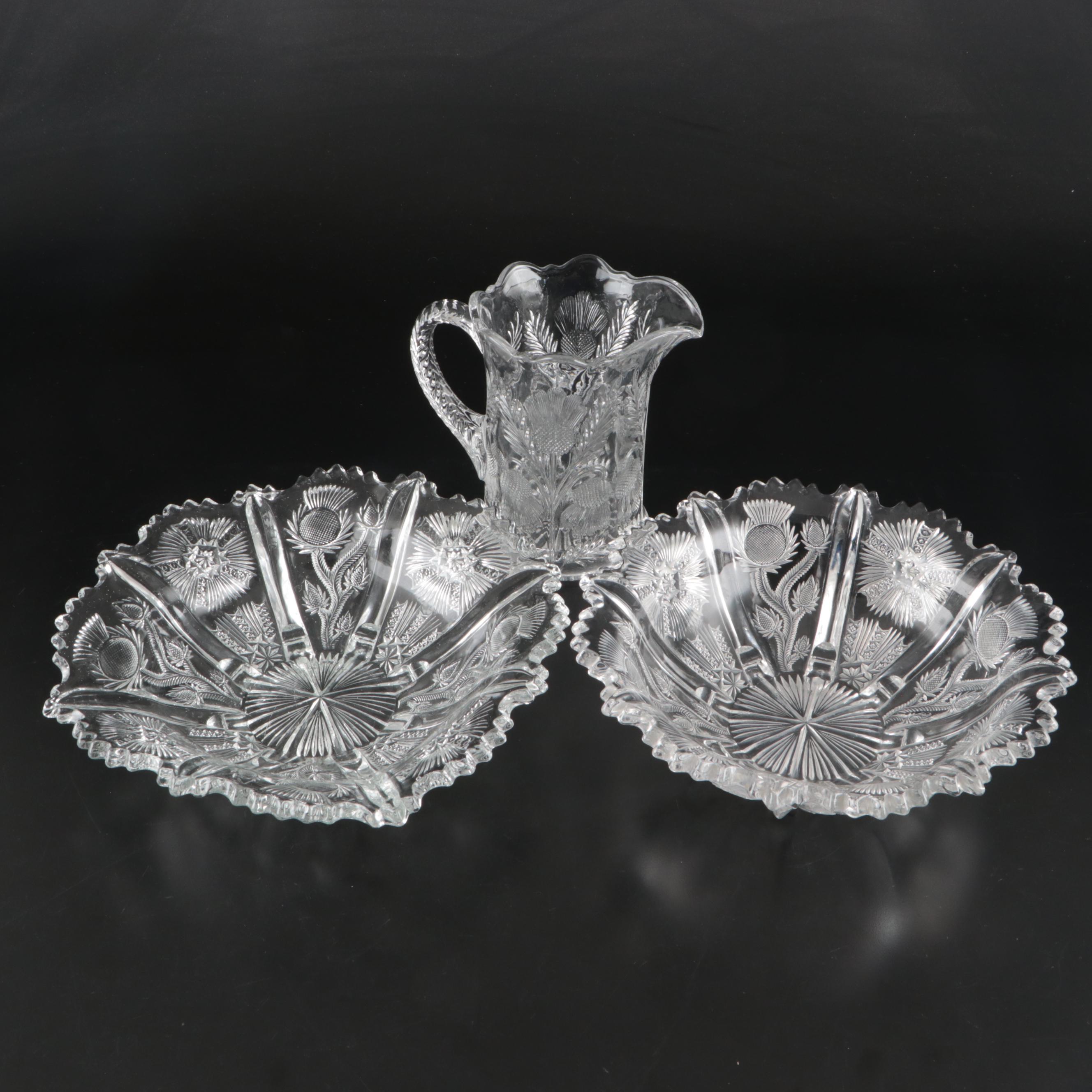 Mosser EAPG "Inverted Thistle" Pitcher and Higbee "Paneled Thistle" Bowls