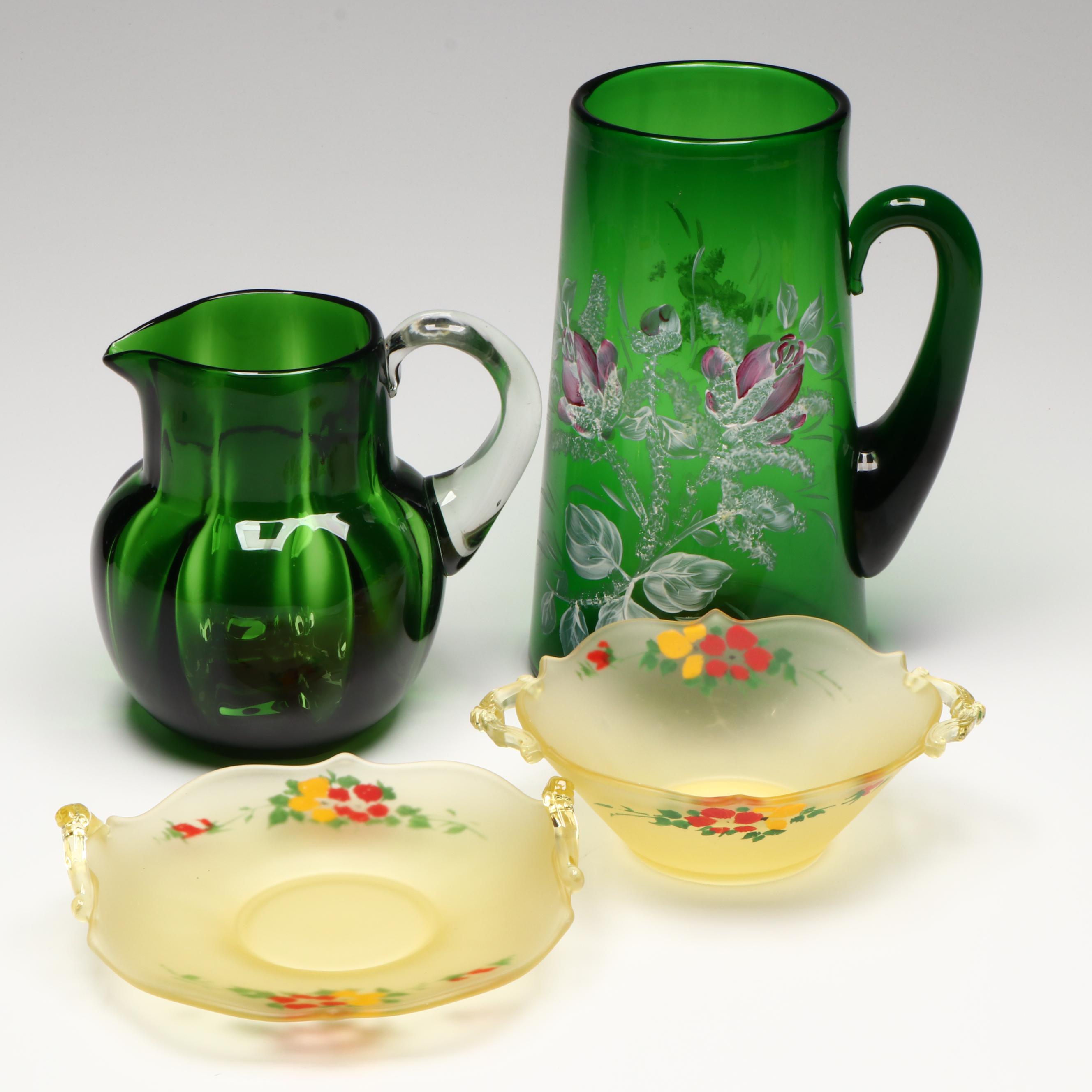 Victorian Hand-Painted Enameled Tankard Vase with Other Glass Tableware