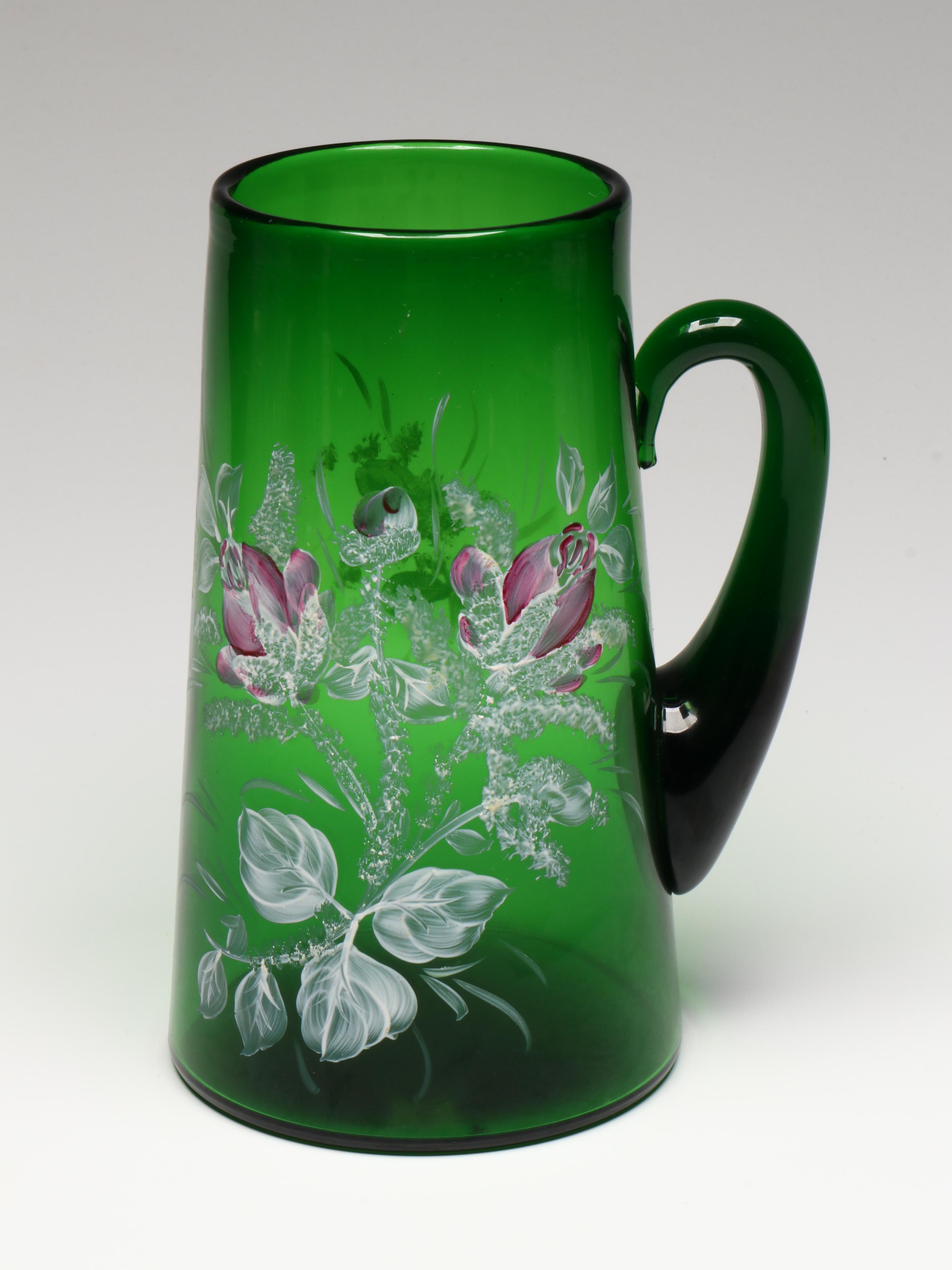 Victorian Hand-Painted Enameled Tankard Vase with Other Glass Tableware