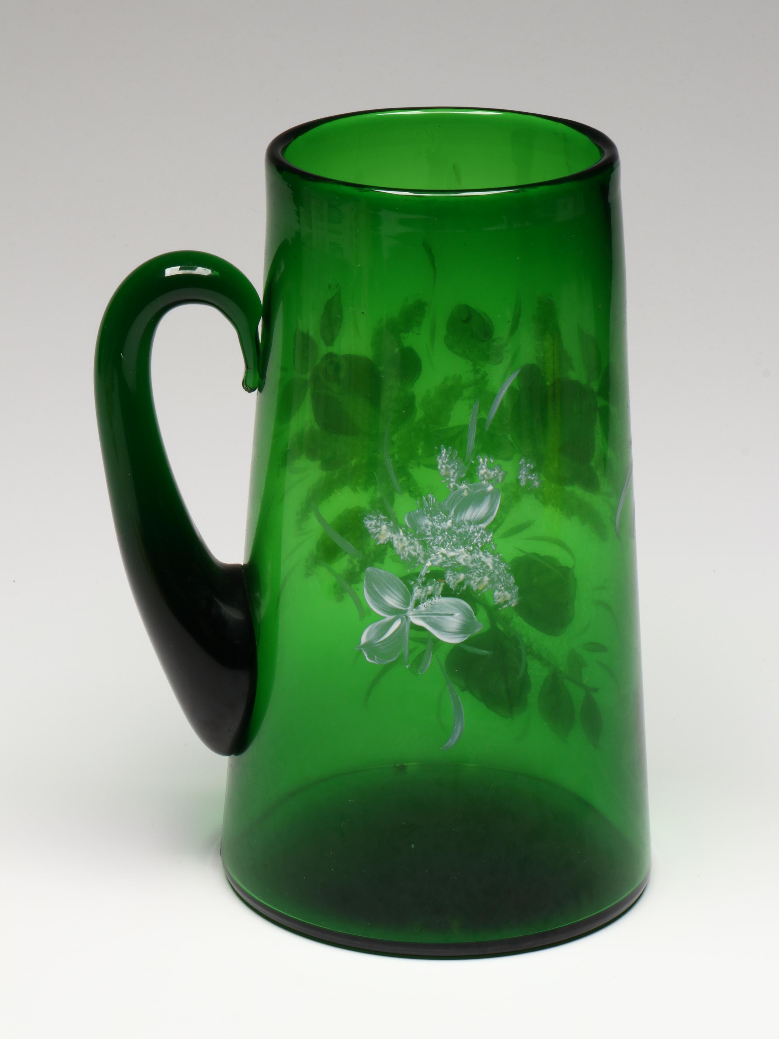 Victorian Hand-Painted Enameled Tankard Vase with Other Glass Tableware