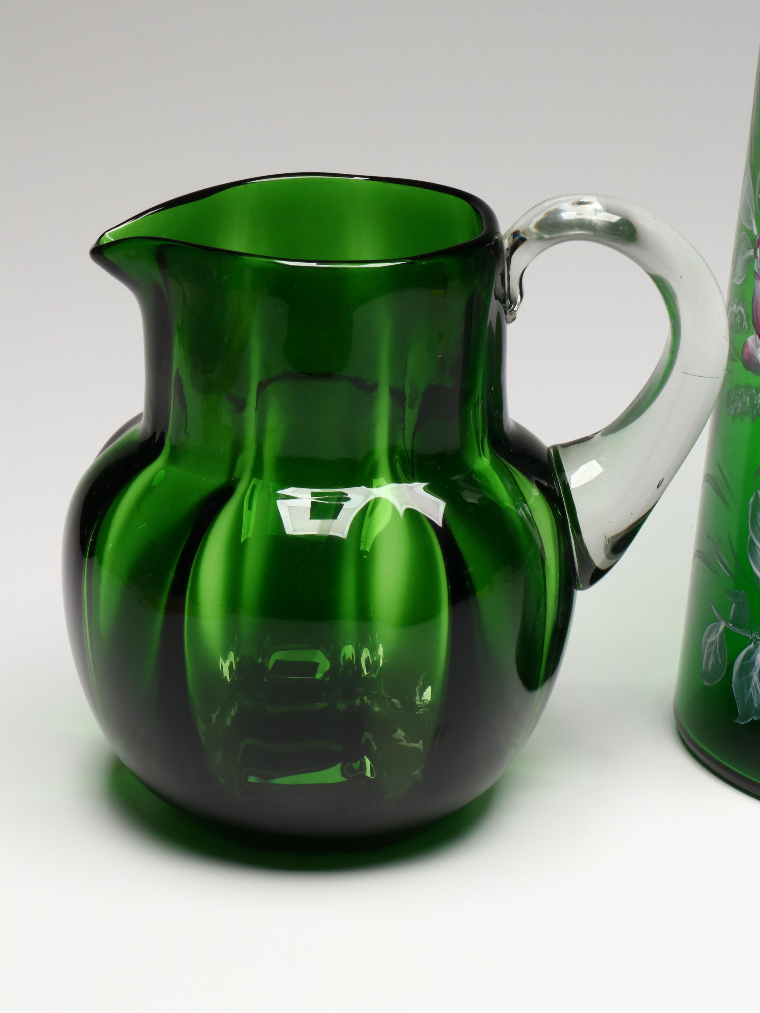 Victorian Hand-Painted Enameled Tankard Vase with Other Glass Tableware