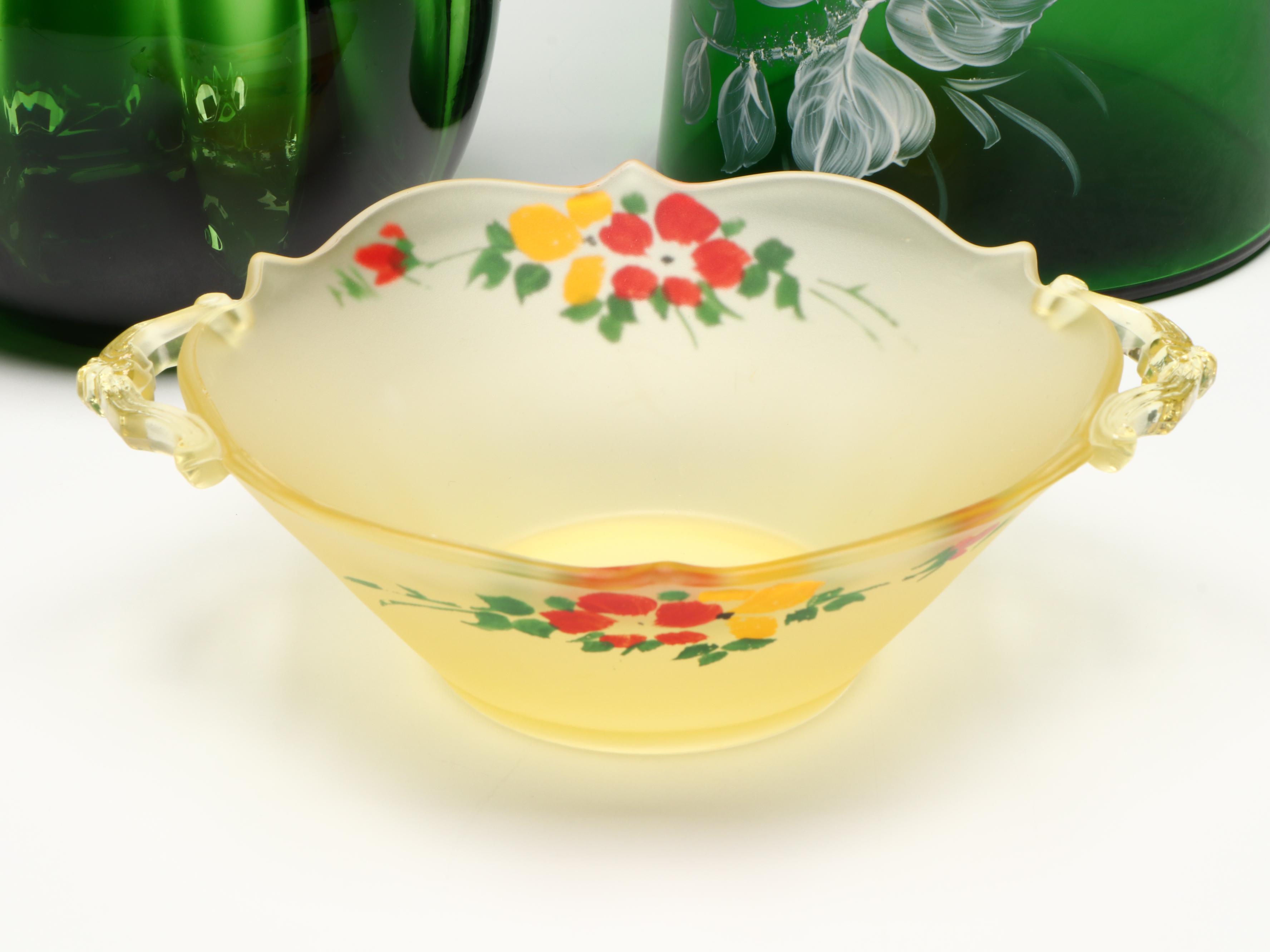 Victorian Hand-Painted Enameled Tankard Vase with Other Glass Tableware