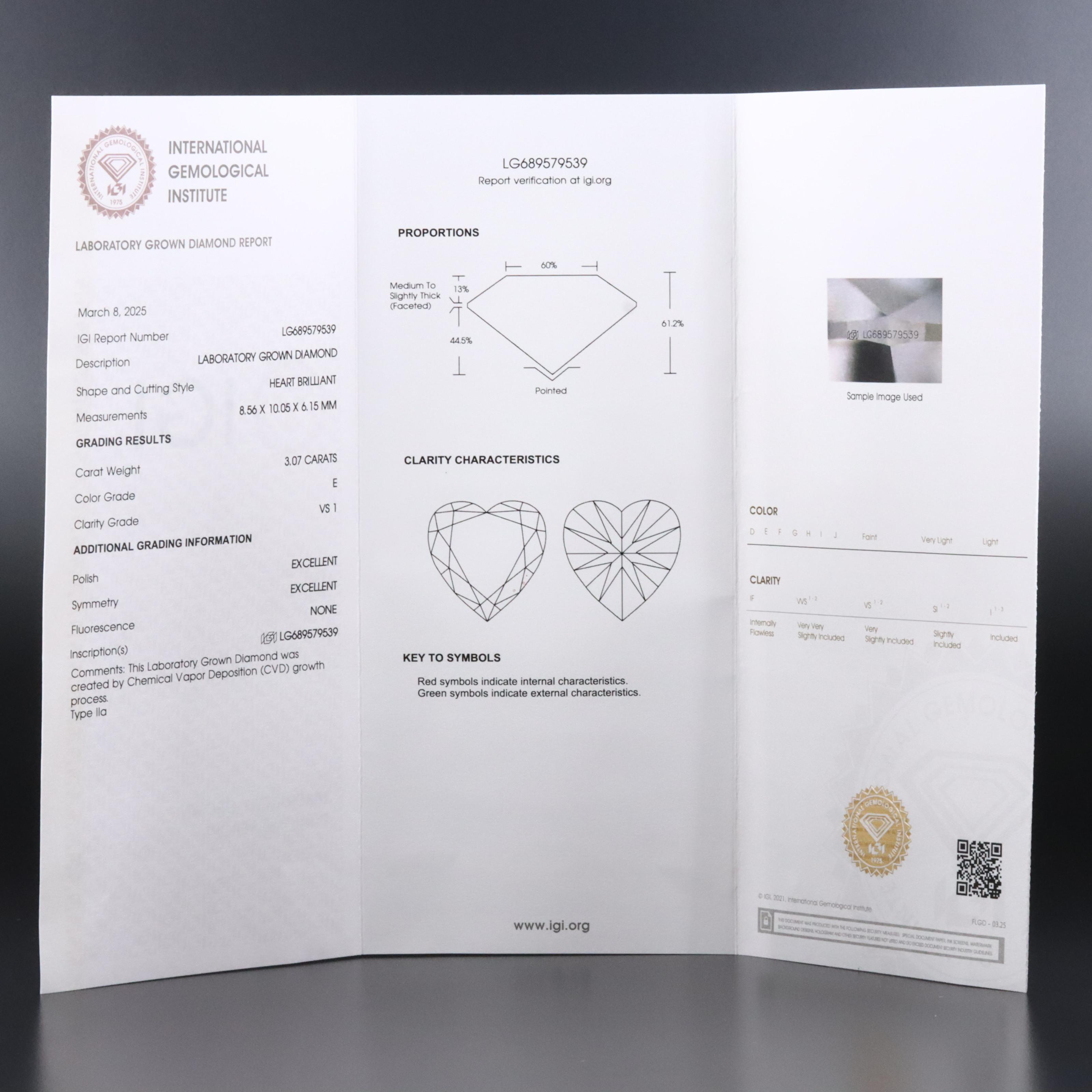 Loose 3.07 CT Lab Grown Diamond with IGI Report