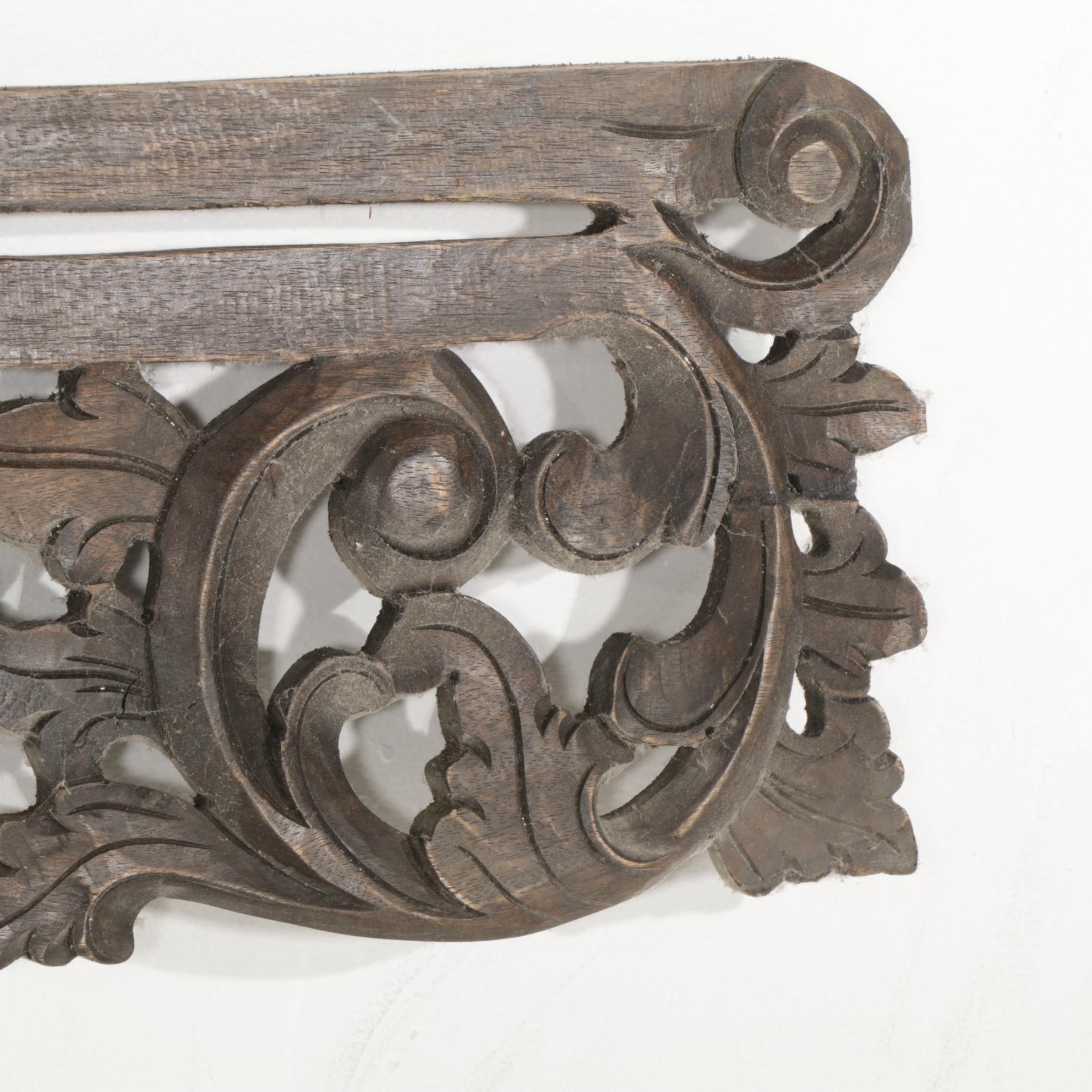 Ornate Carved Wood Rail Wall Hanging, Late 20th Century
