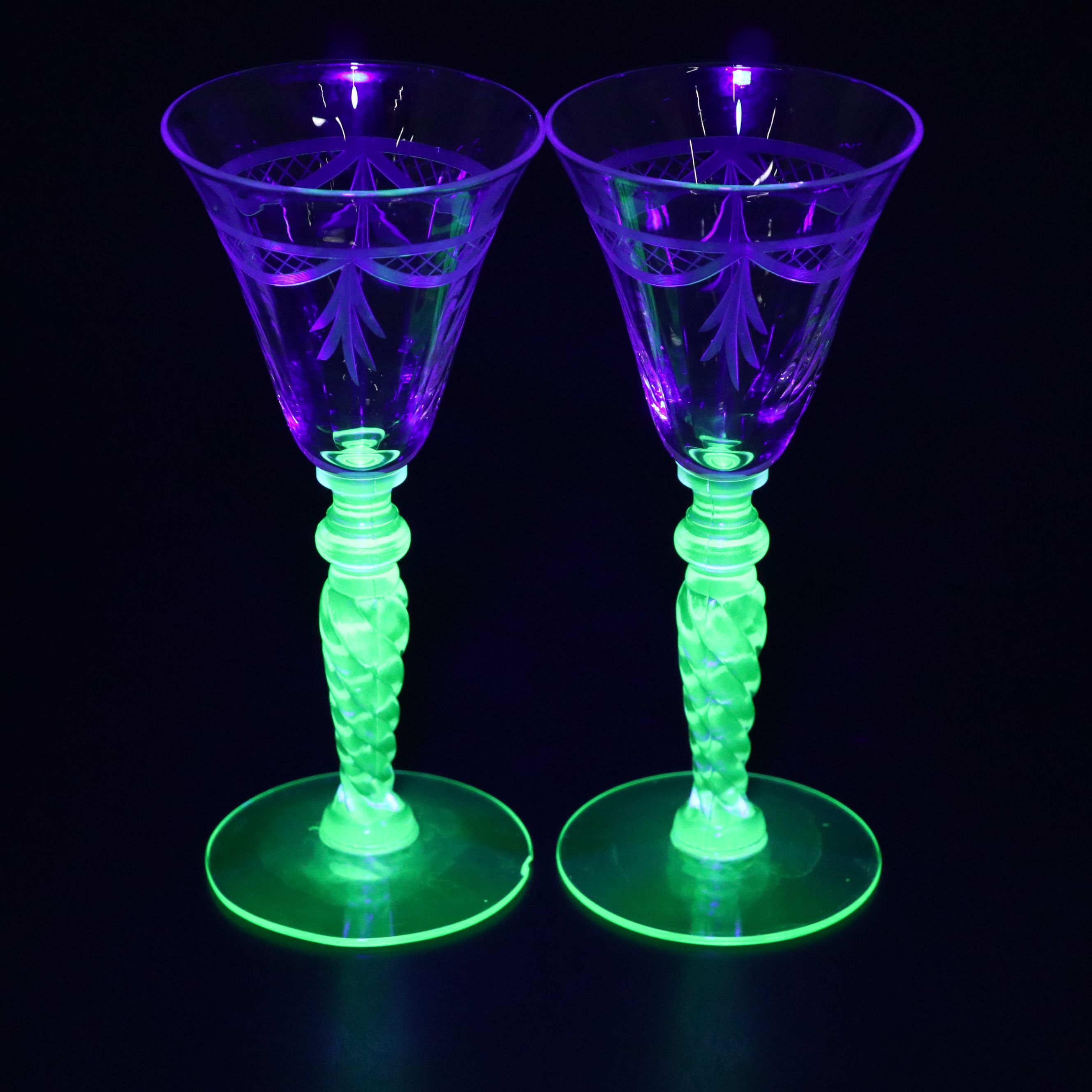Uranium Glass Trays and Wine Glasses with Other Depression Glass Bowls