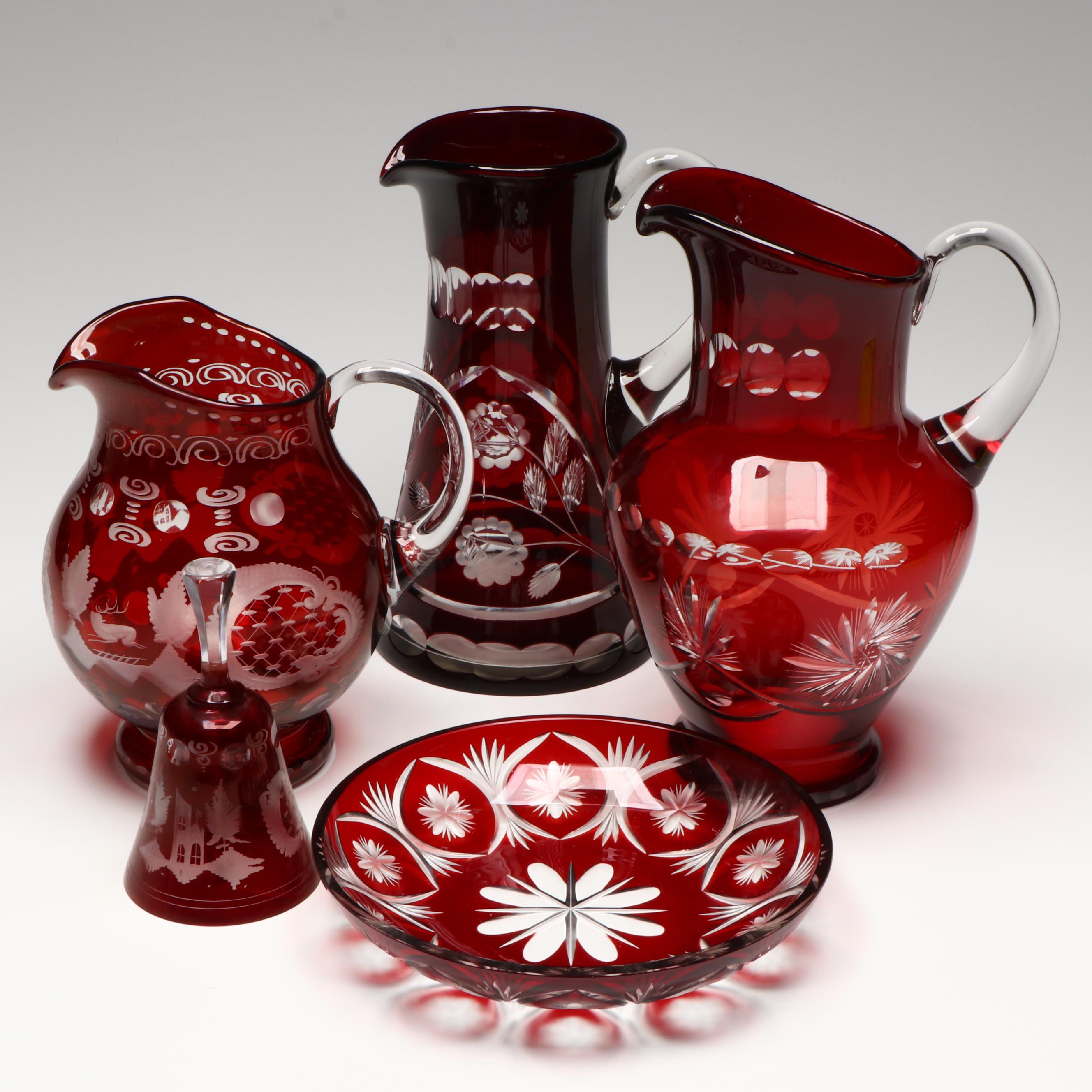 Bohemian Style Cut to Clear Ruby Glass Ewers, Bow, and Bell
