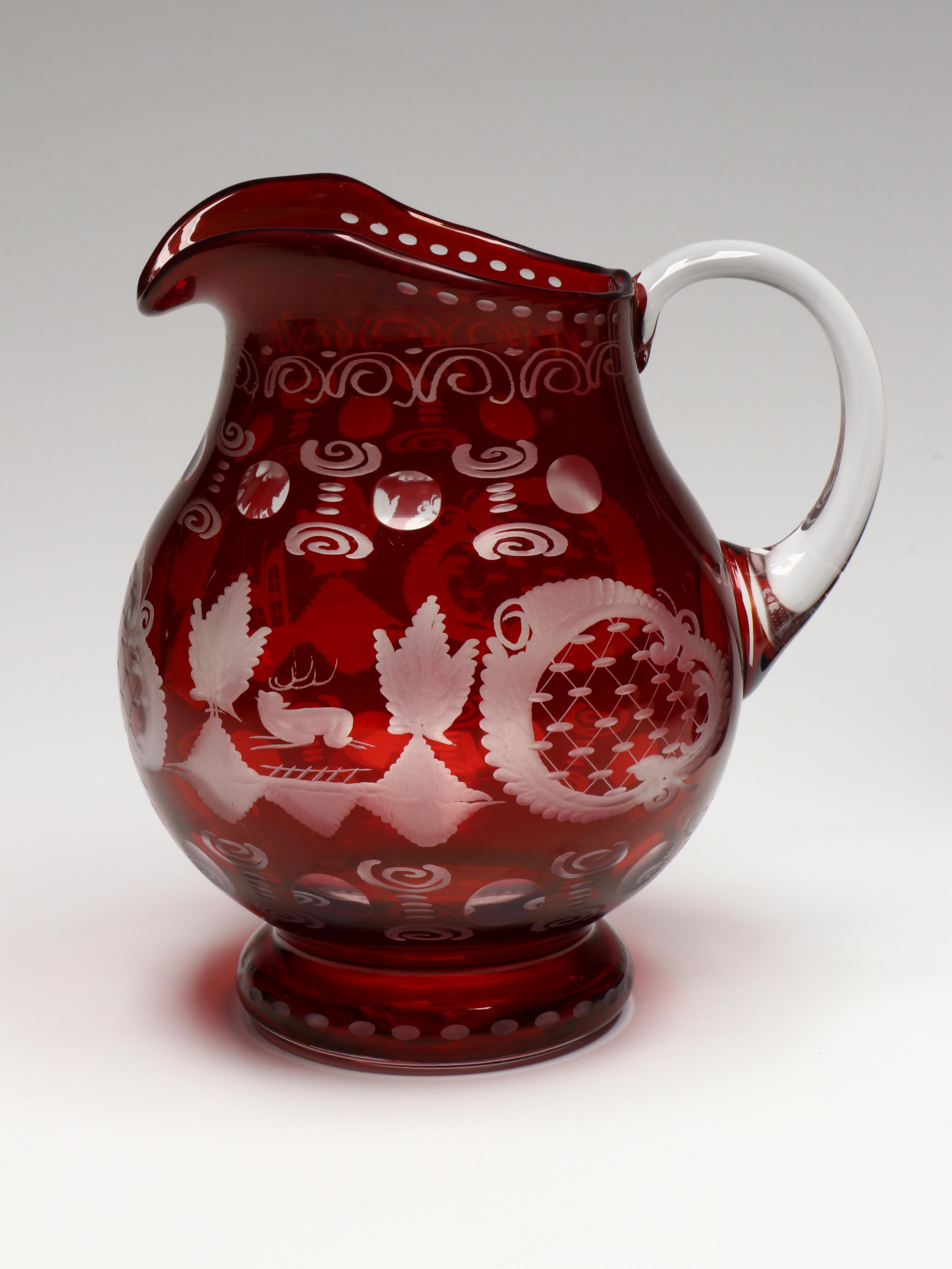 Bohemian Style Cut to Clear Ruby Glass Ewers, Bow, and Bell