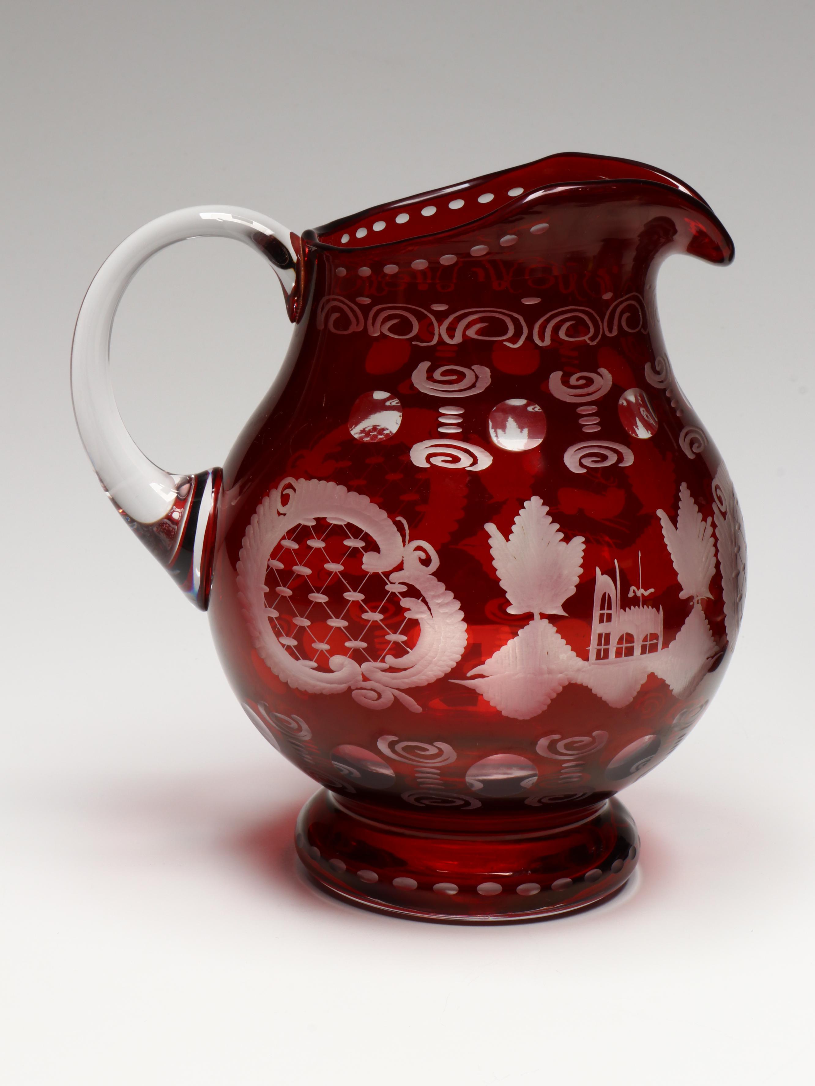 Bohemian Style Cut to Clear Ruby Glass Ewers, Bow, and Bell