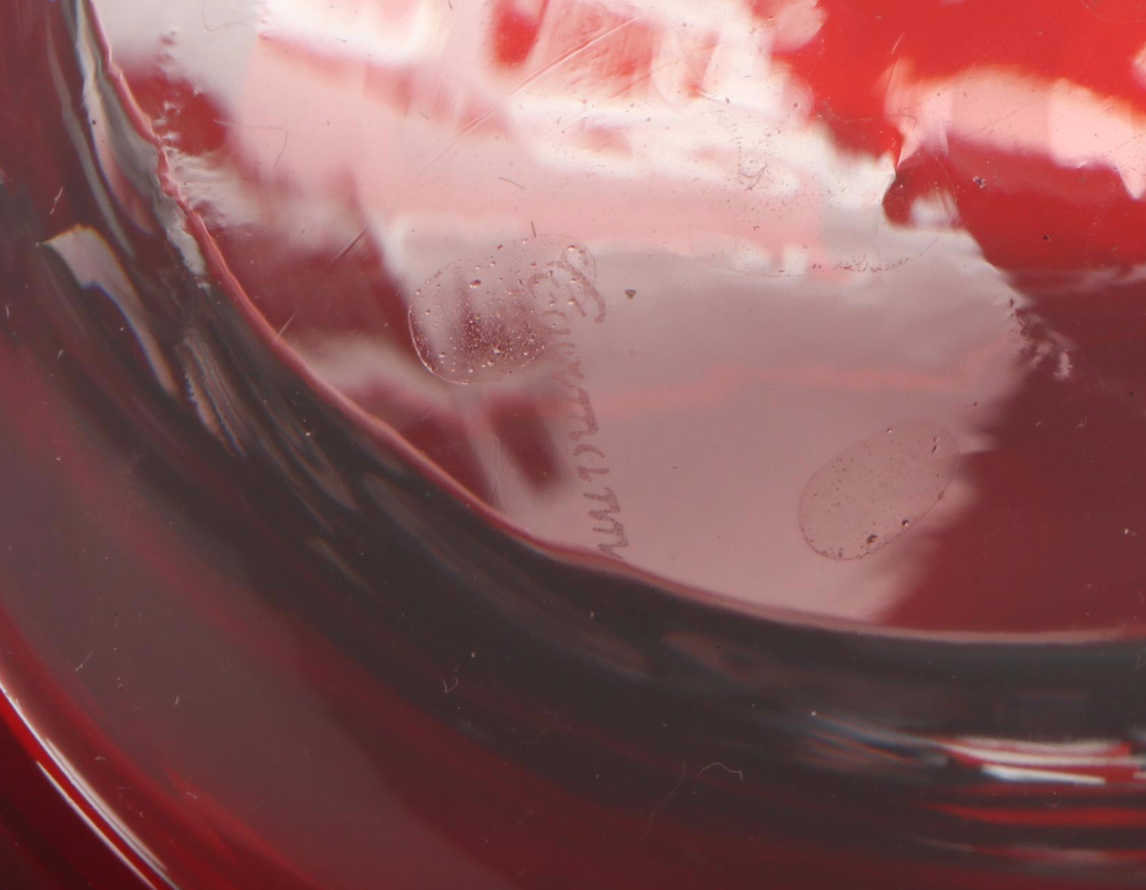 Bohemian Style Cut to Clear Ruby Glass Ewers, Bow, and Bell