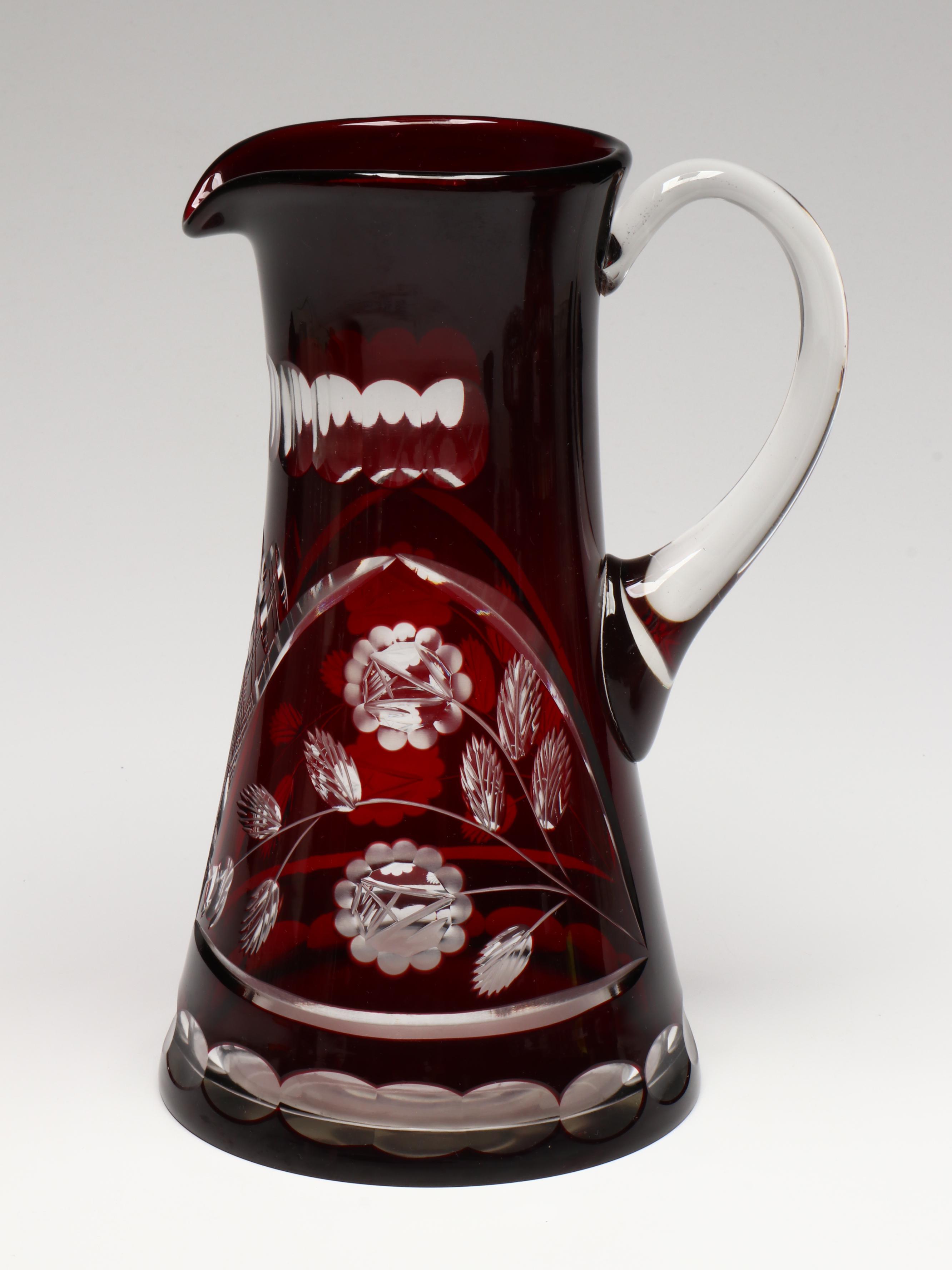 Bohemian Style Cut to Clear Ruby Glass Ewers, Bow, and Bell