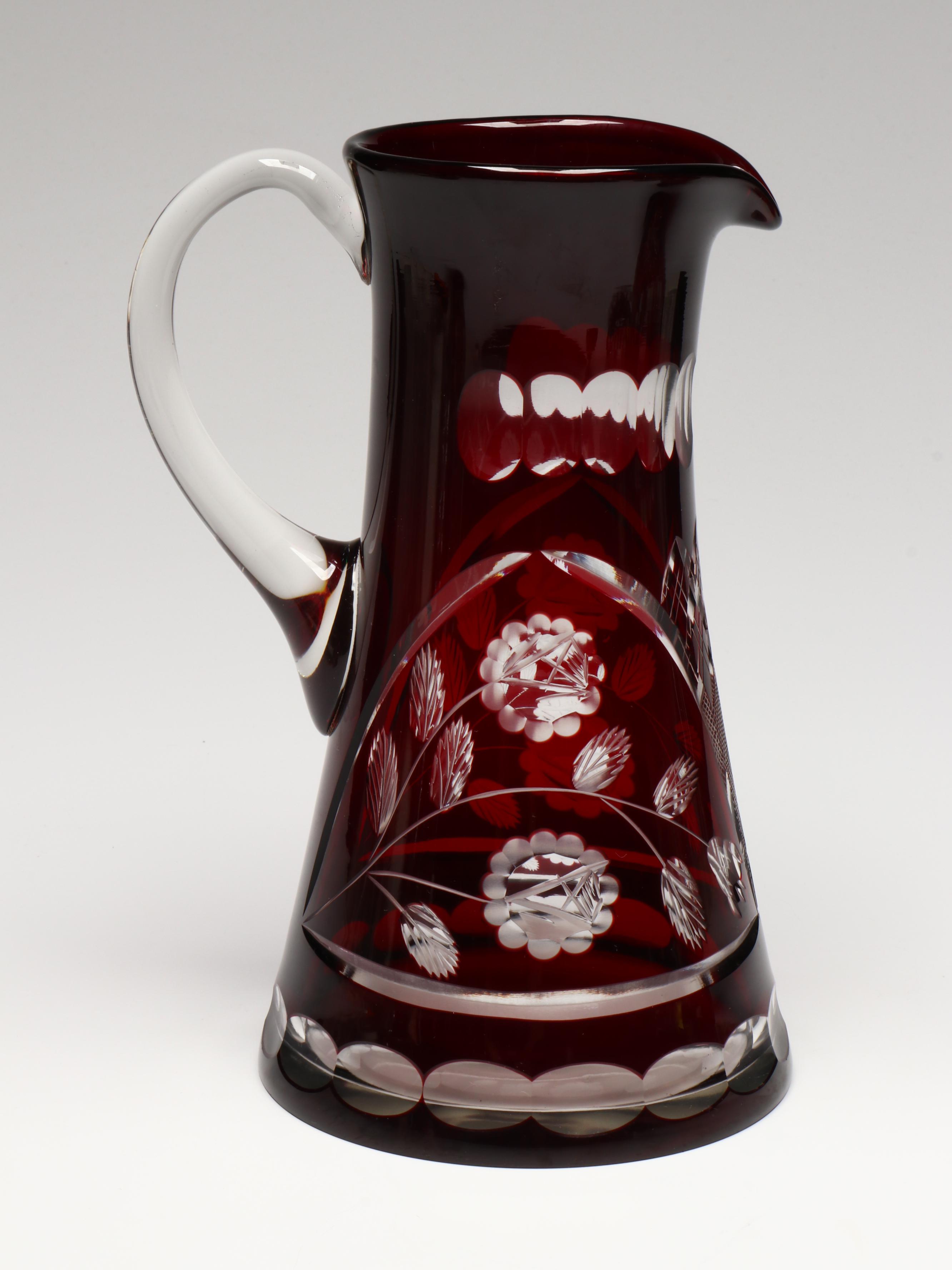 Bohemian Style Cut to Clear Ruby Glass Ewers, Bow, and Bell