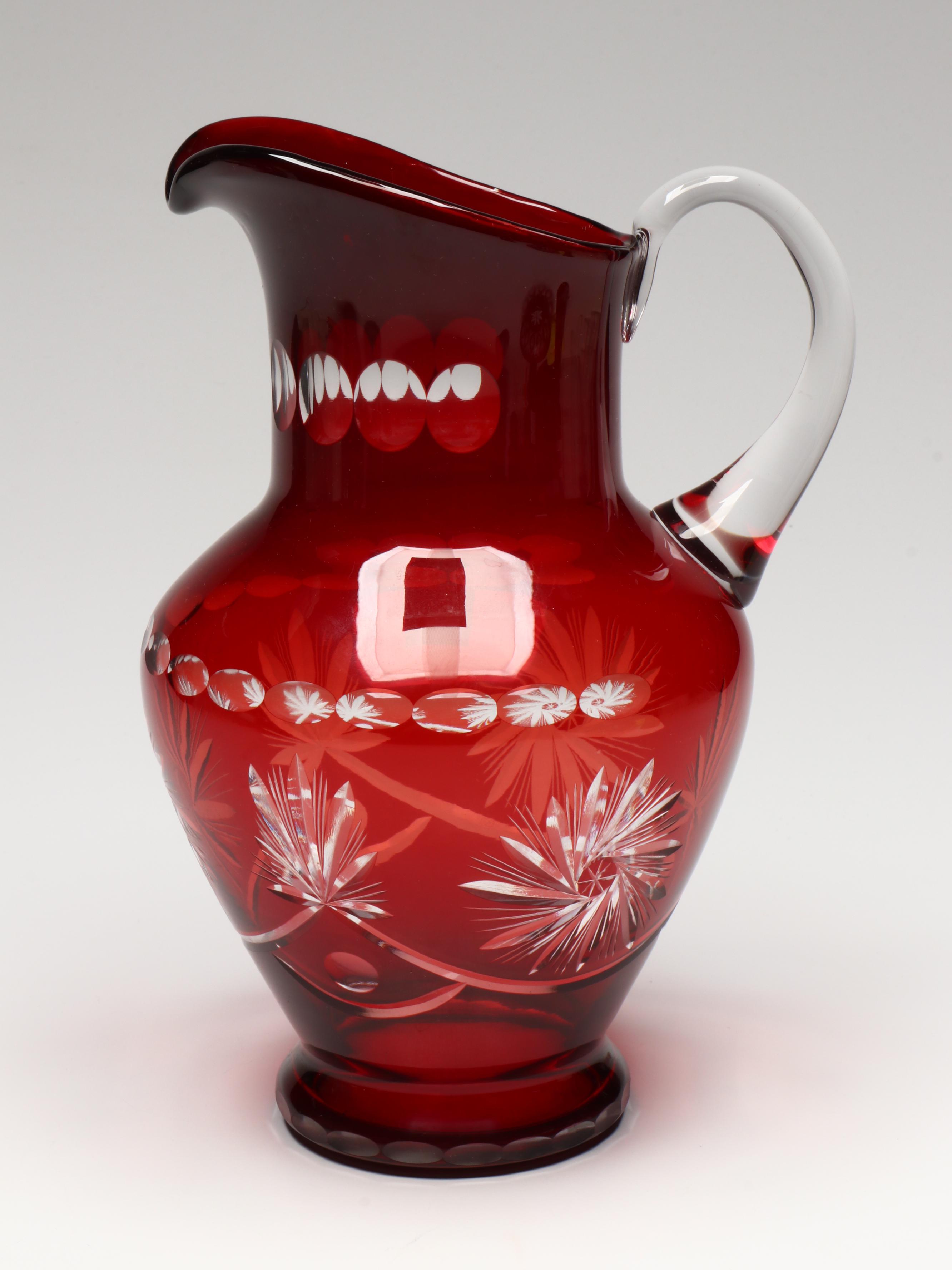 Bohemian Style Cut to Clear Ruby Glass Ewers, Bow, and Bell