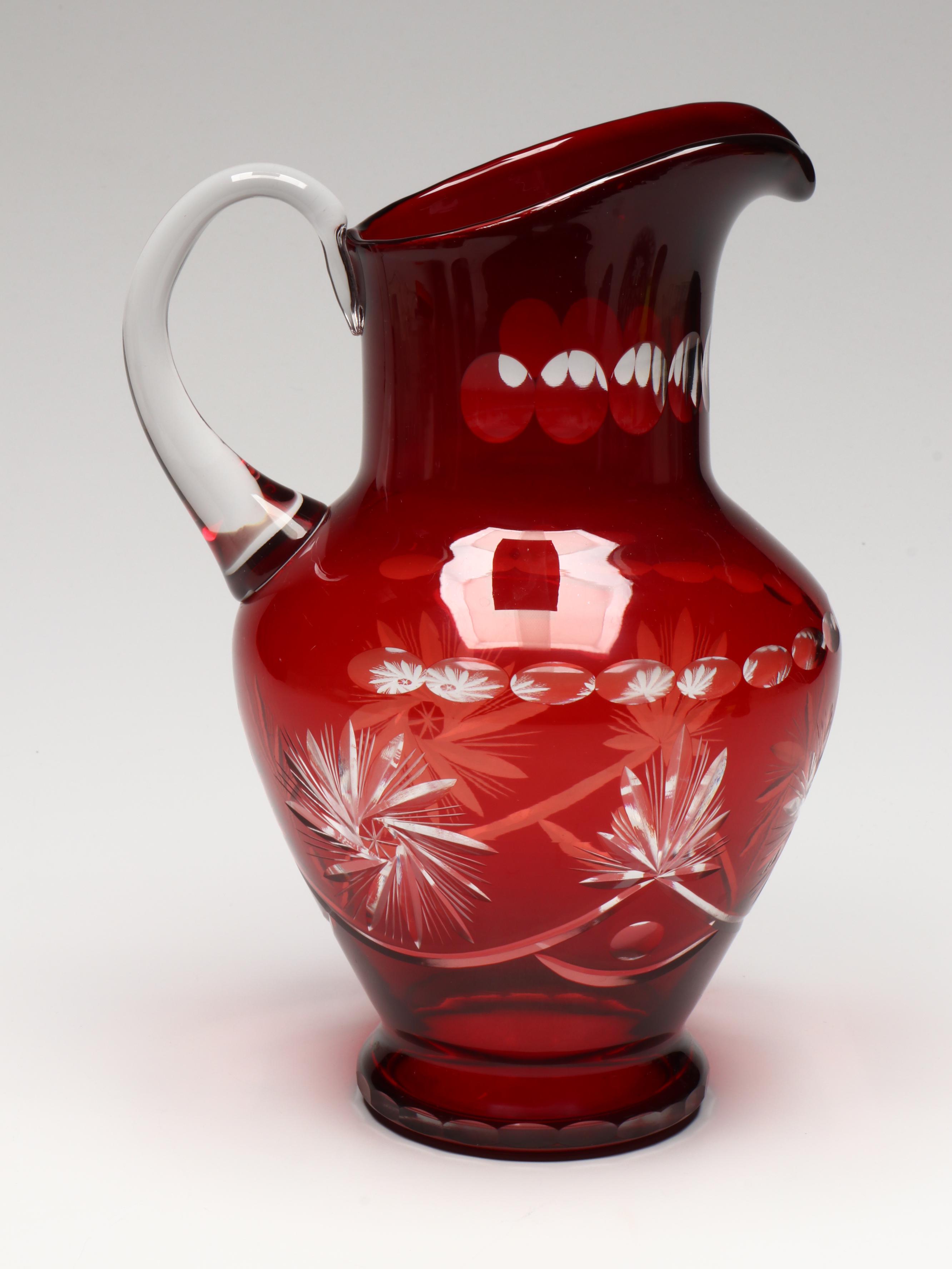 Bohemian Style Cut to Clear Ruby Glass Ewers, Bow, and Bell