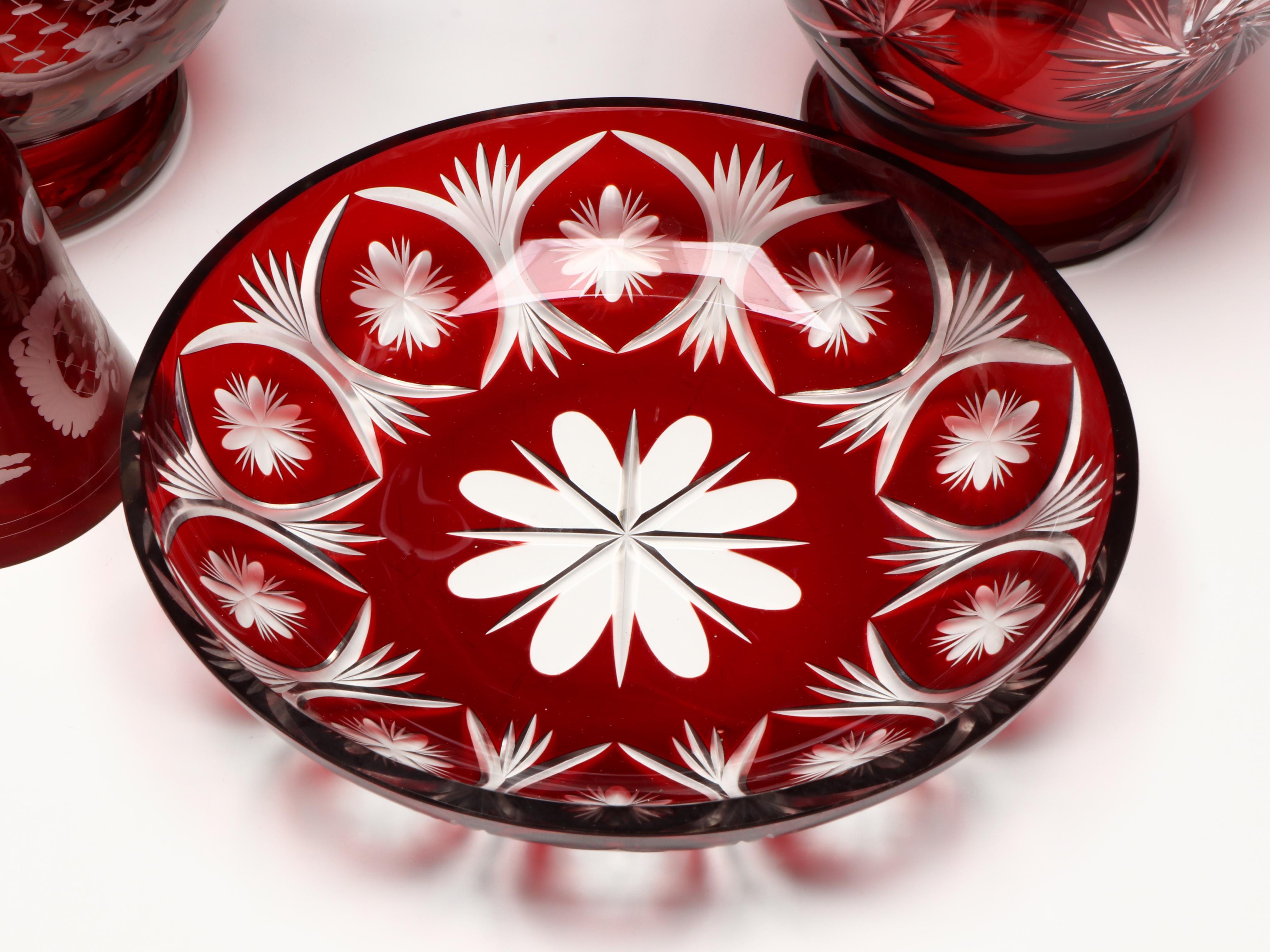 Bohemian Style Cut to Clear Ruby Glass Ewers, Bow, and Bell