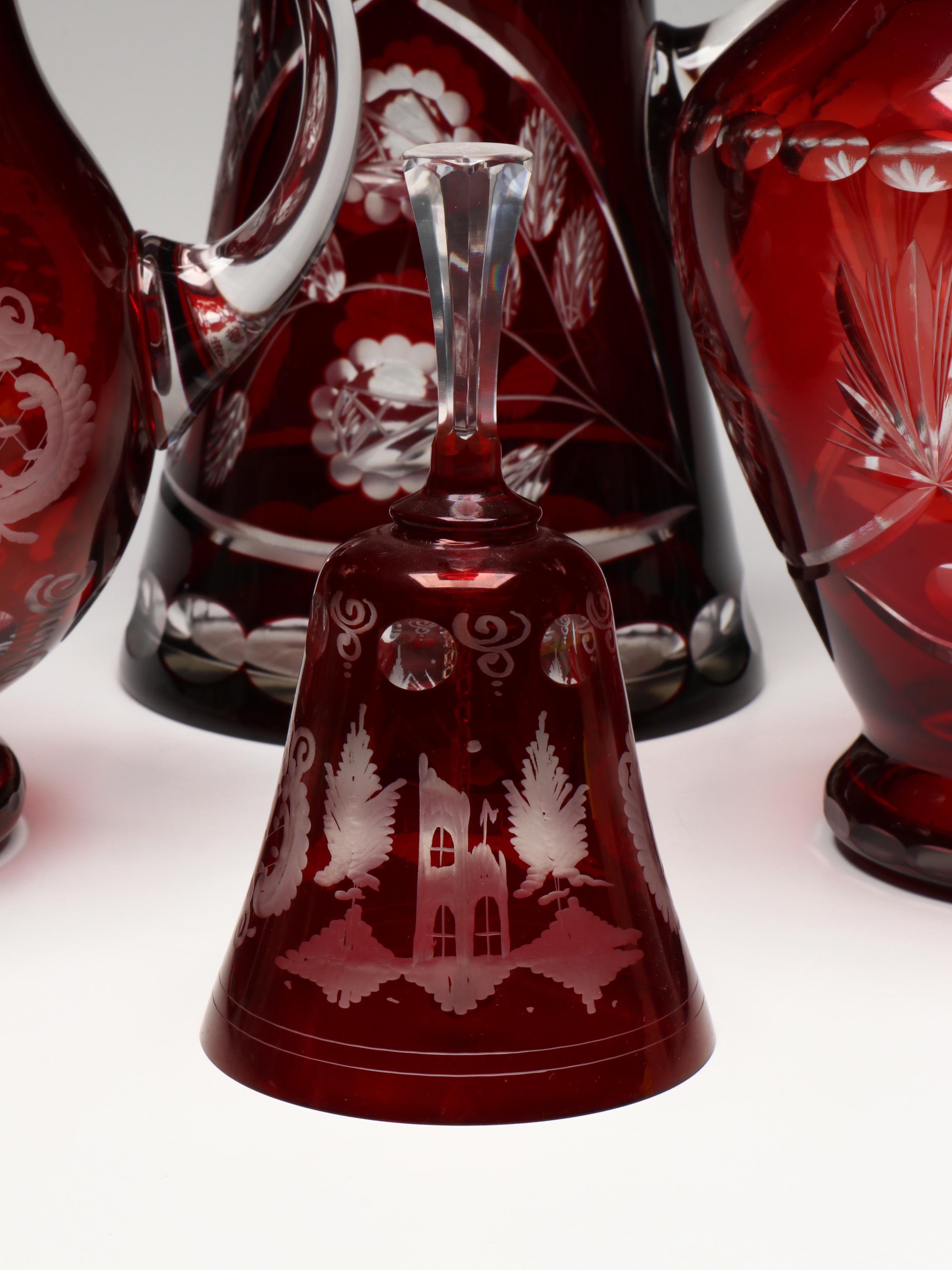 Bohemian Style Cut to Clear Ruby Glass Ewers, Bow, and Bell