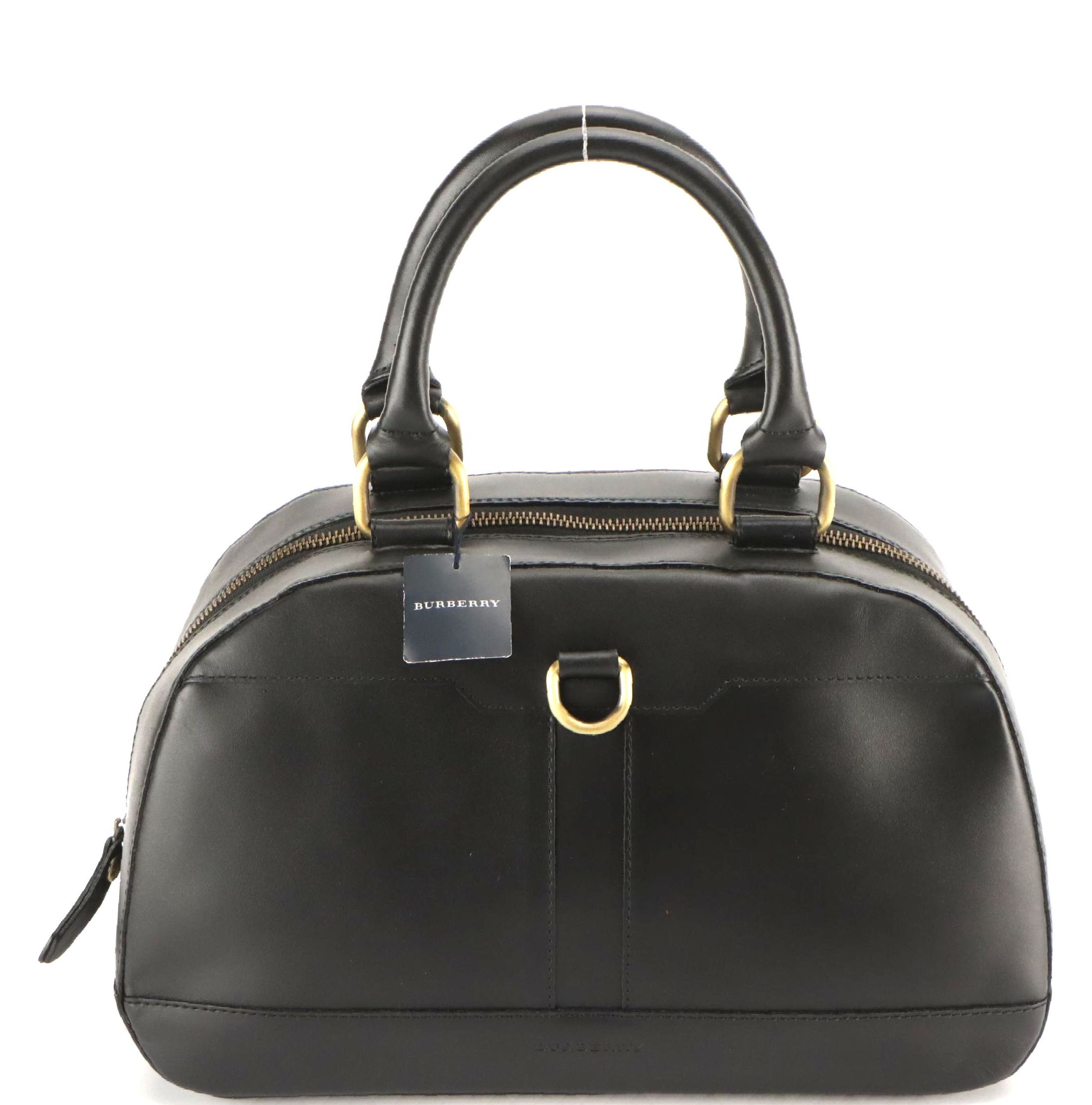 Burberry Domed Zip-Around Handbag in Black Calfskin Leather
