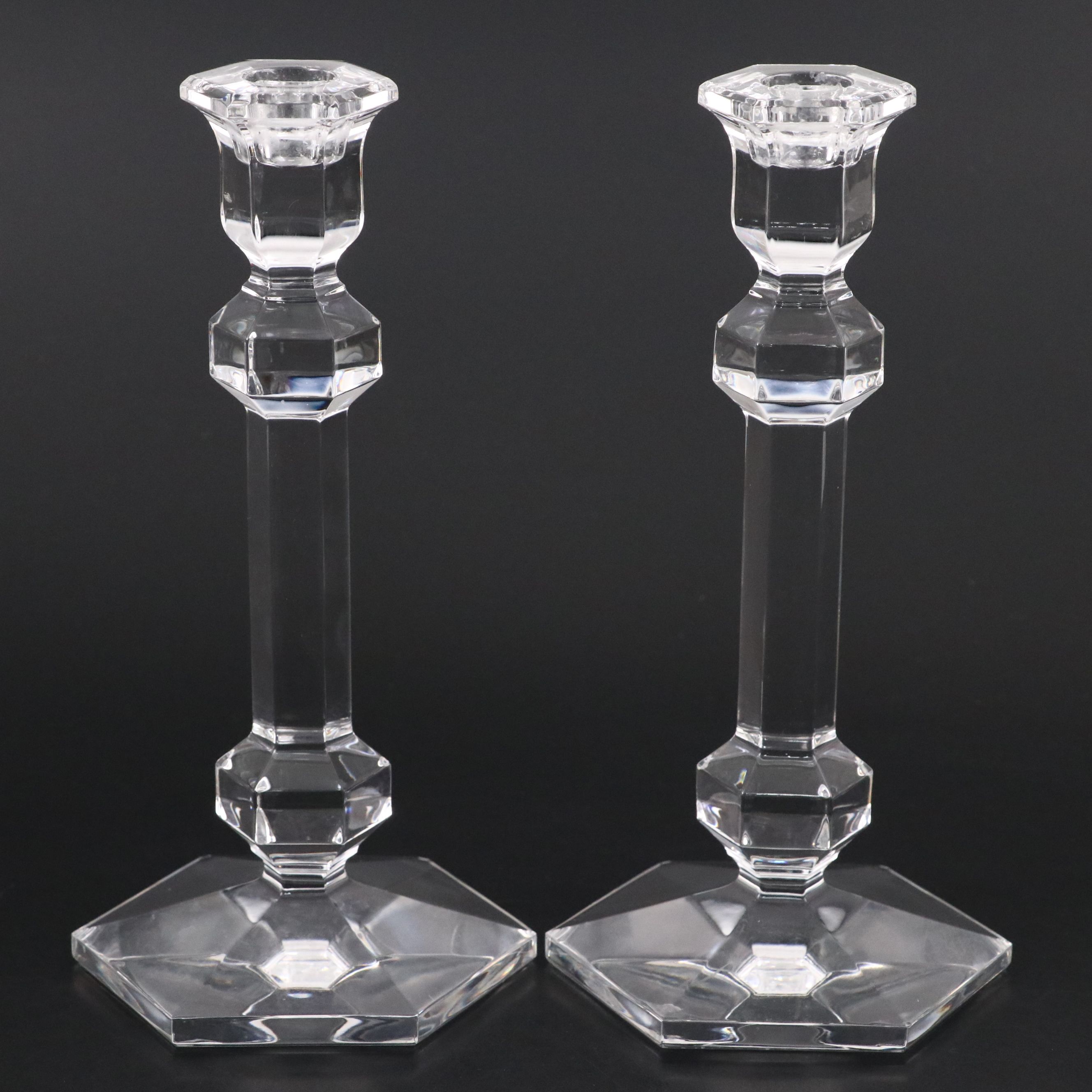 Orrefors "Marin" Crystal Bowl with Val St. Lambert "Gardenia" Candlestick Pair