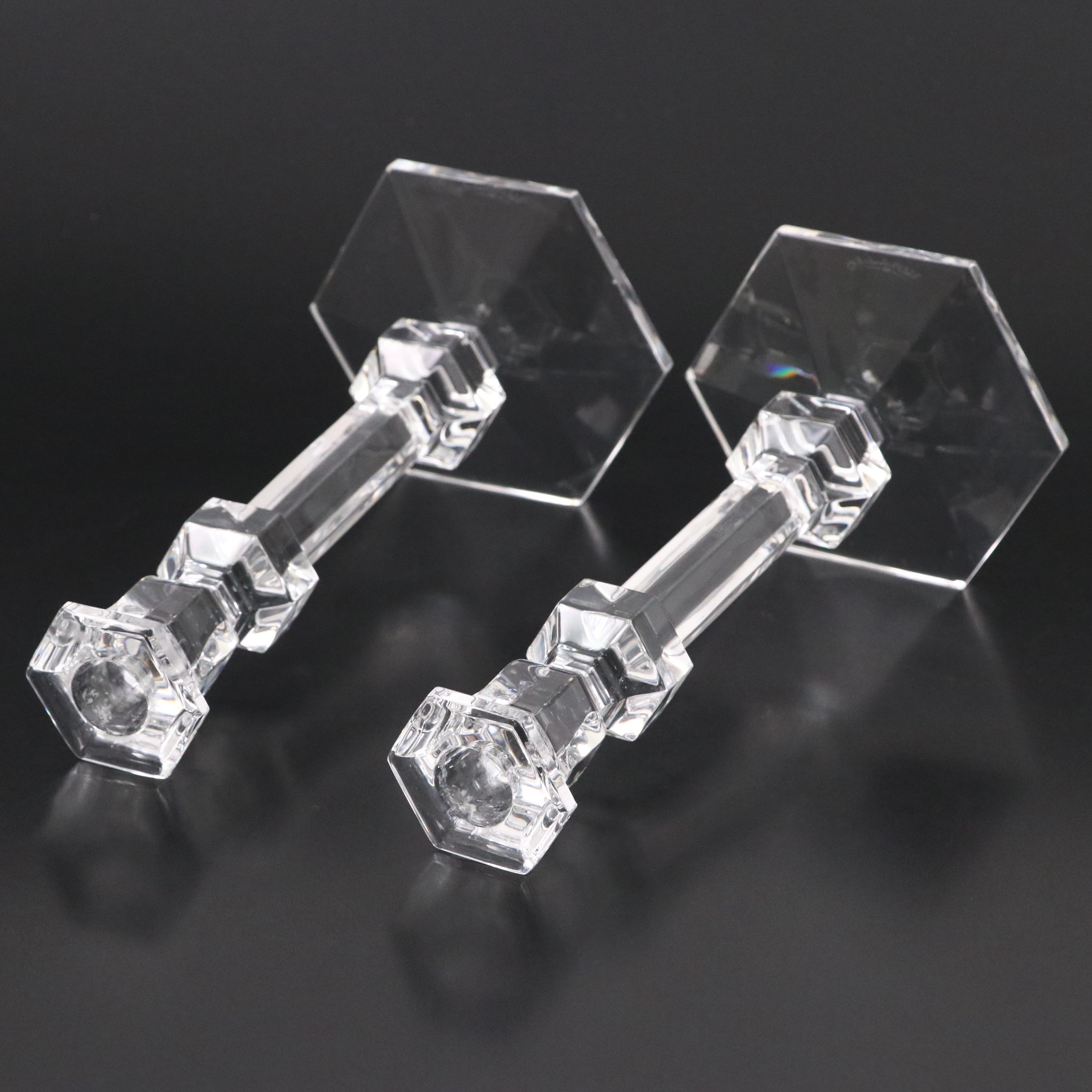 Orrefors "Marin" Crystal Bowl with Val St. Lambert "Gardenia" Candlestick Pair