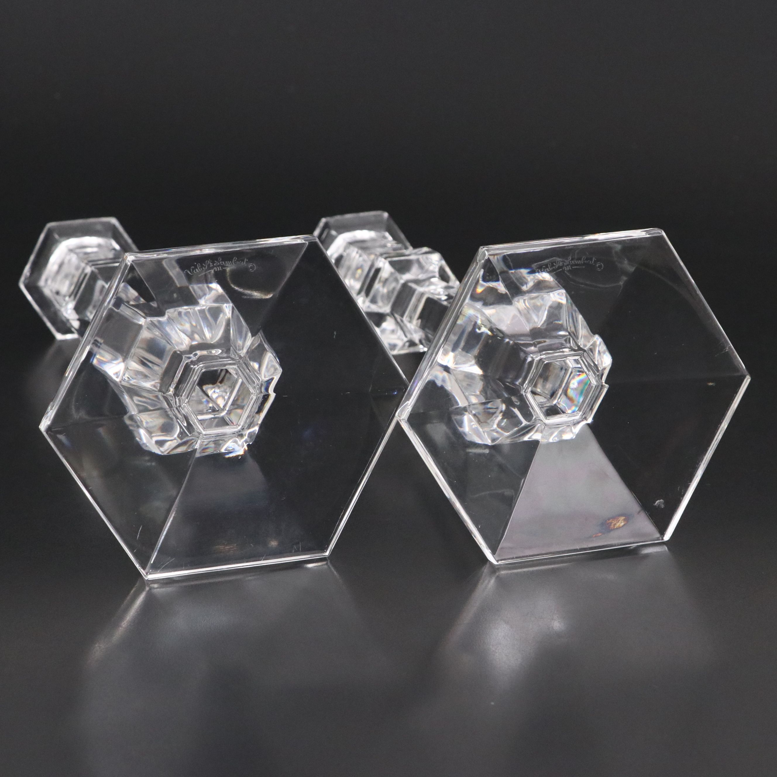 Orrefors "Marin" Crystal Bowl with Val St. Lambert "Gardenia" Candlestick Pair