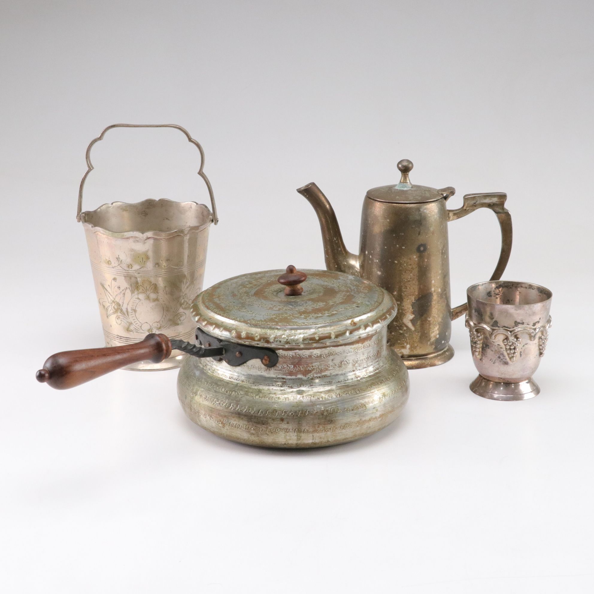 Middle Eastern Tinned Copper Pot with Silver Plate Basket, Cup, and Coffee Pot