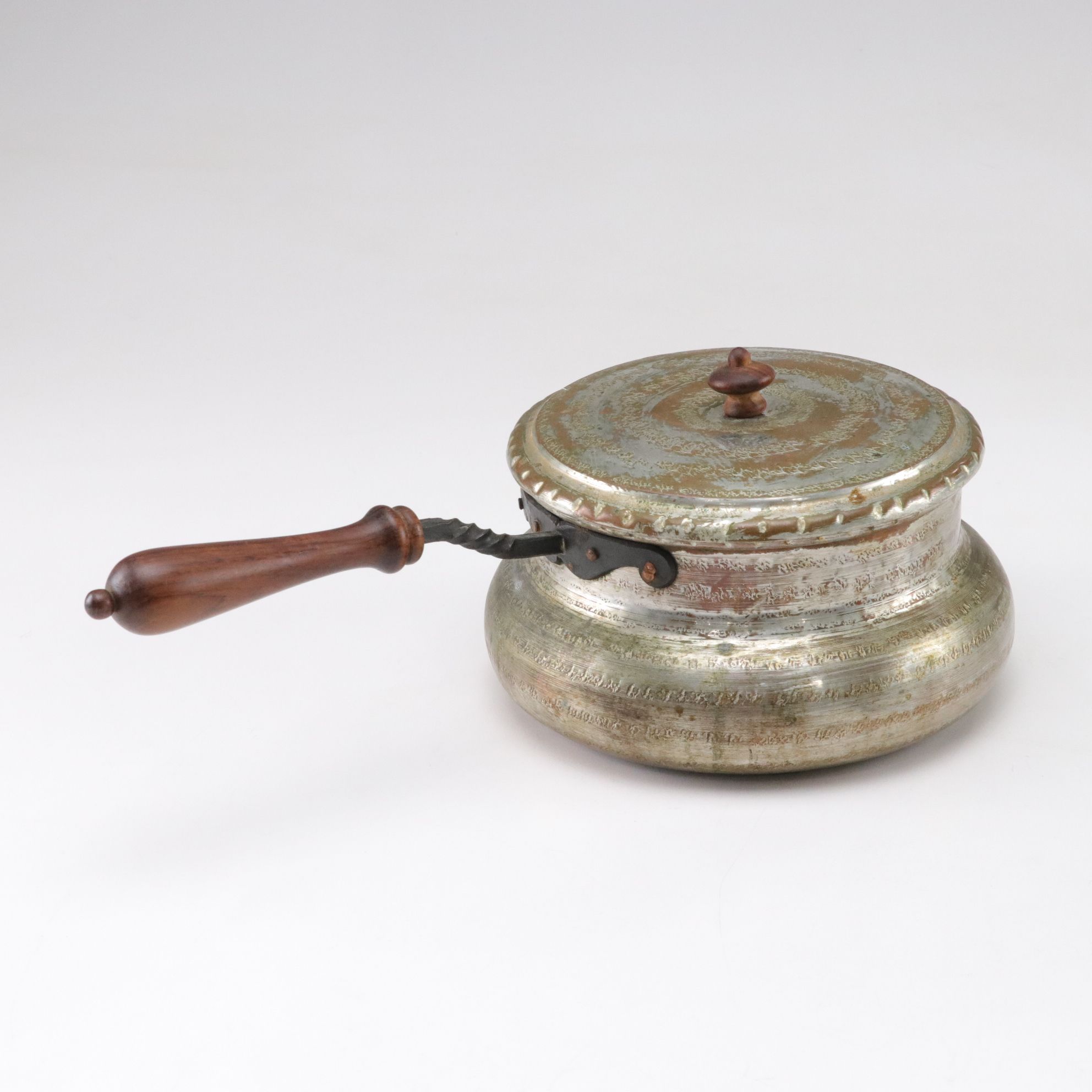 Middle Eastern Tinned Copper Pot with Silver Plate Basket, Cup, and Coffee Pot