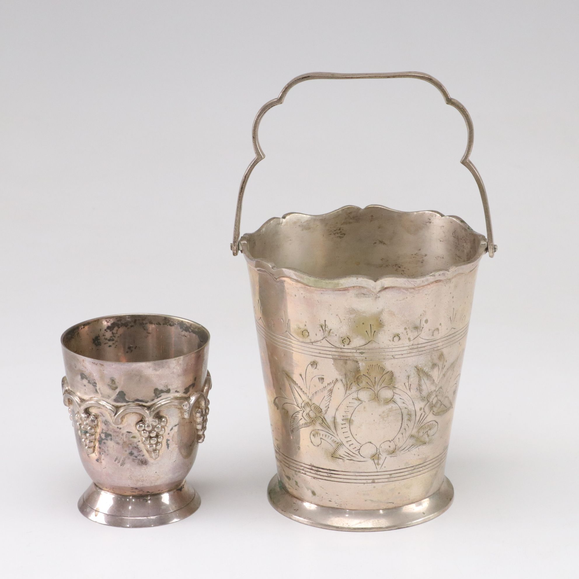 Middle Eastern Tinned Copper Pot with Silver Plate Basket, Cup, and Coffee Pot