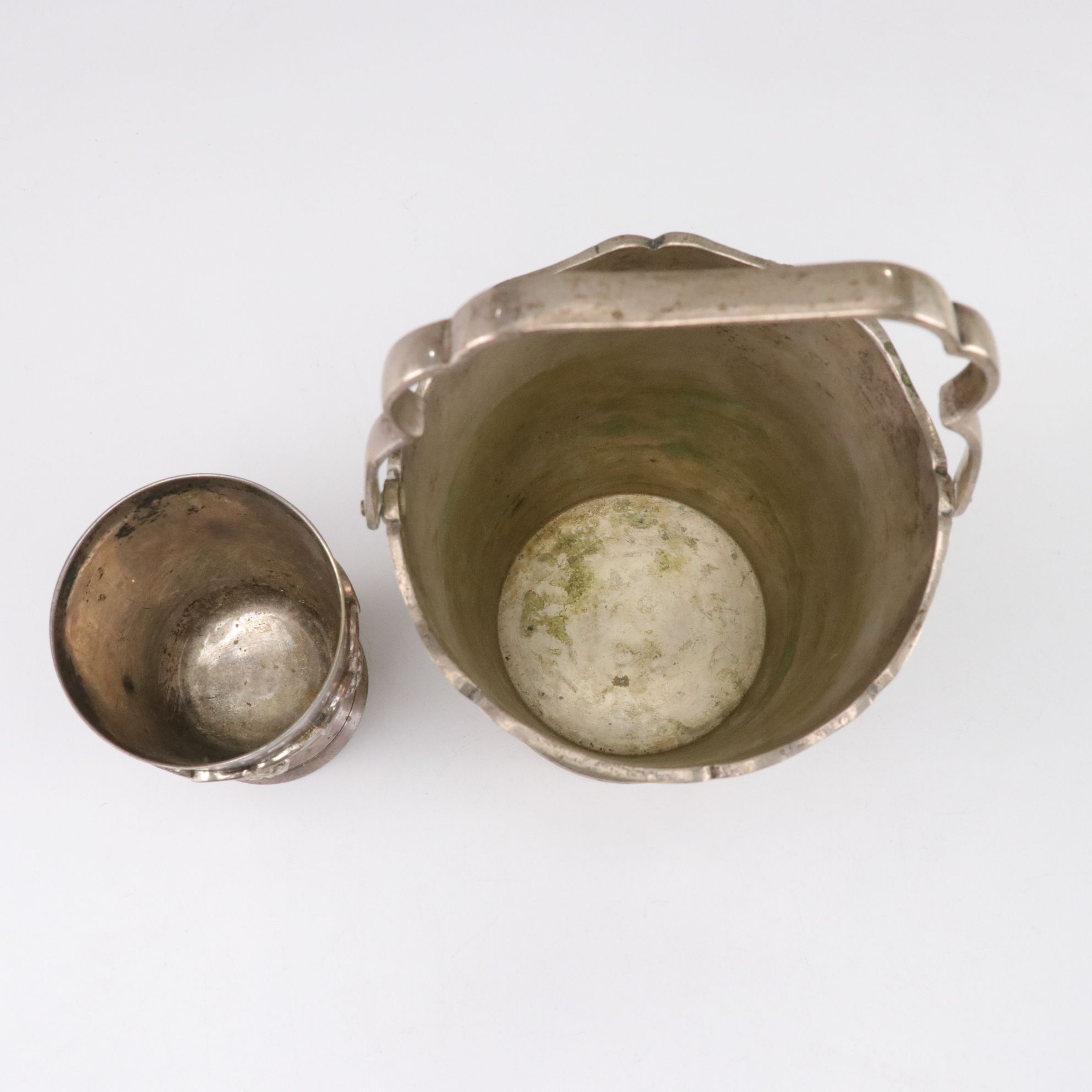 Middle Eastern Tinned Copper Pot with Silver Plate Basket, Cup, and Coffee Pot