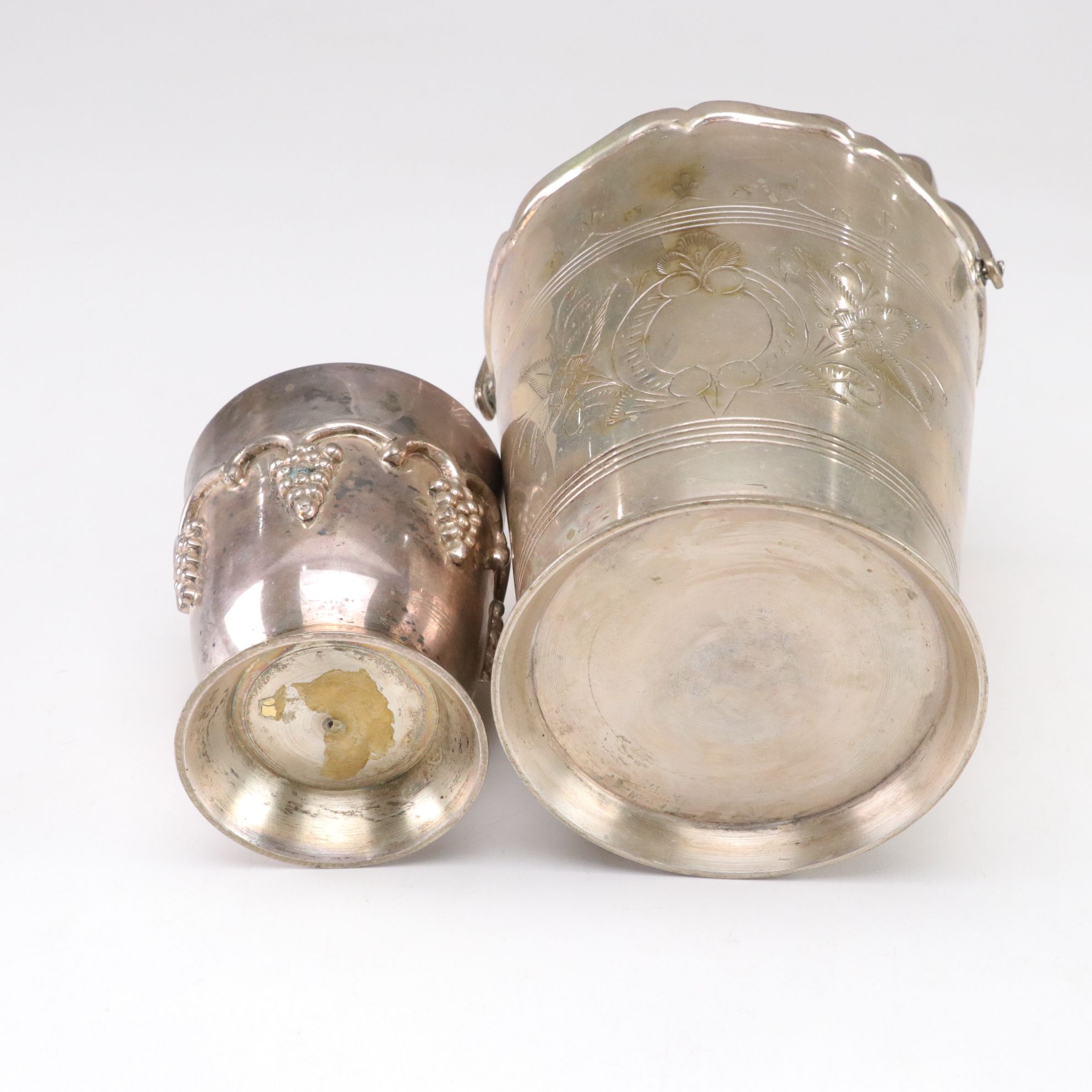 Middle Eastern Tinned Copper Pot with Silver Plate Basket, Cup, and Coffee Pot