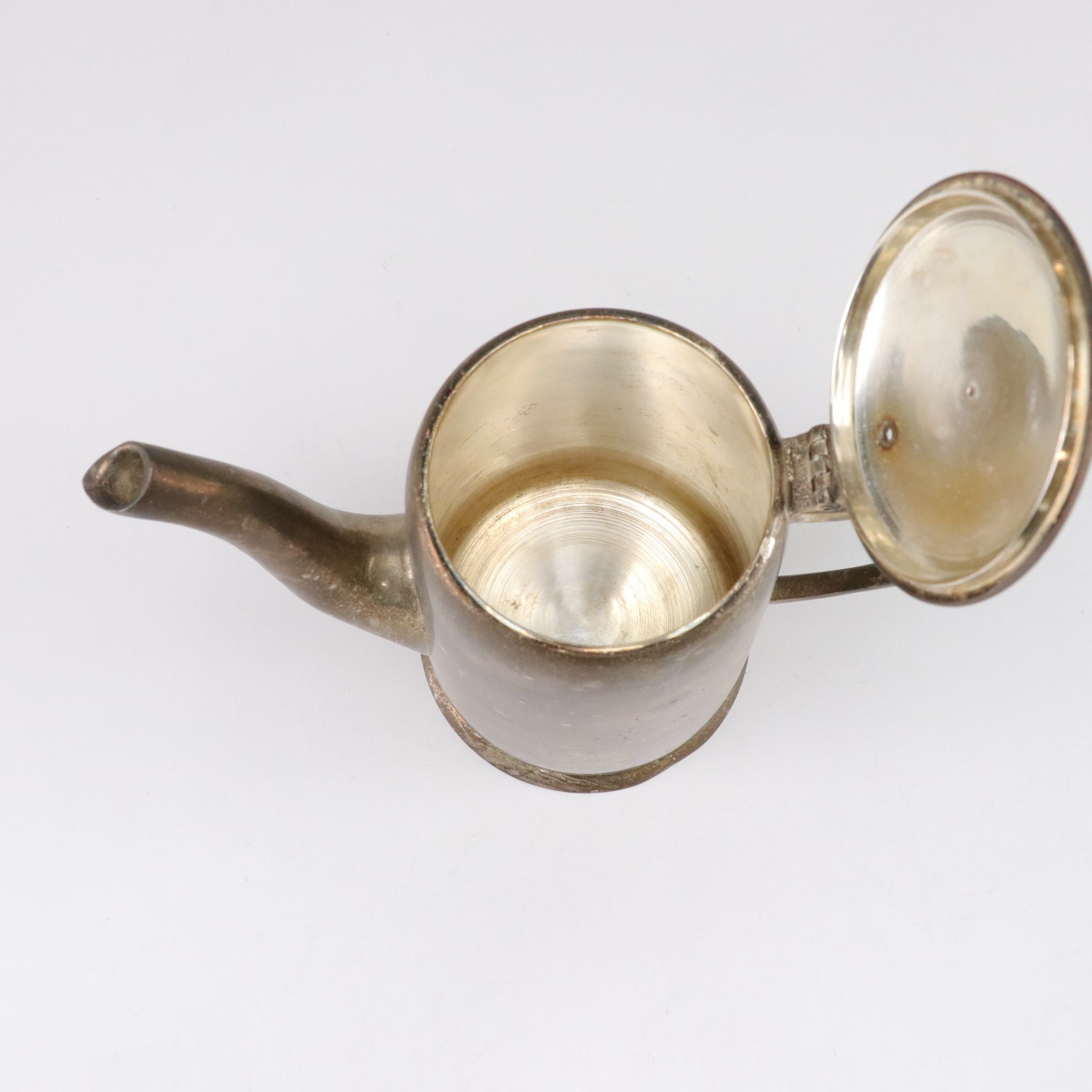 Middle Eastern Tinned Copper Pot with Silver Plate Basket, Cup, and Coffee Pot