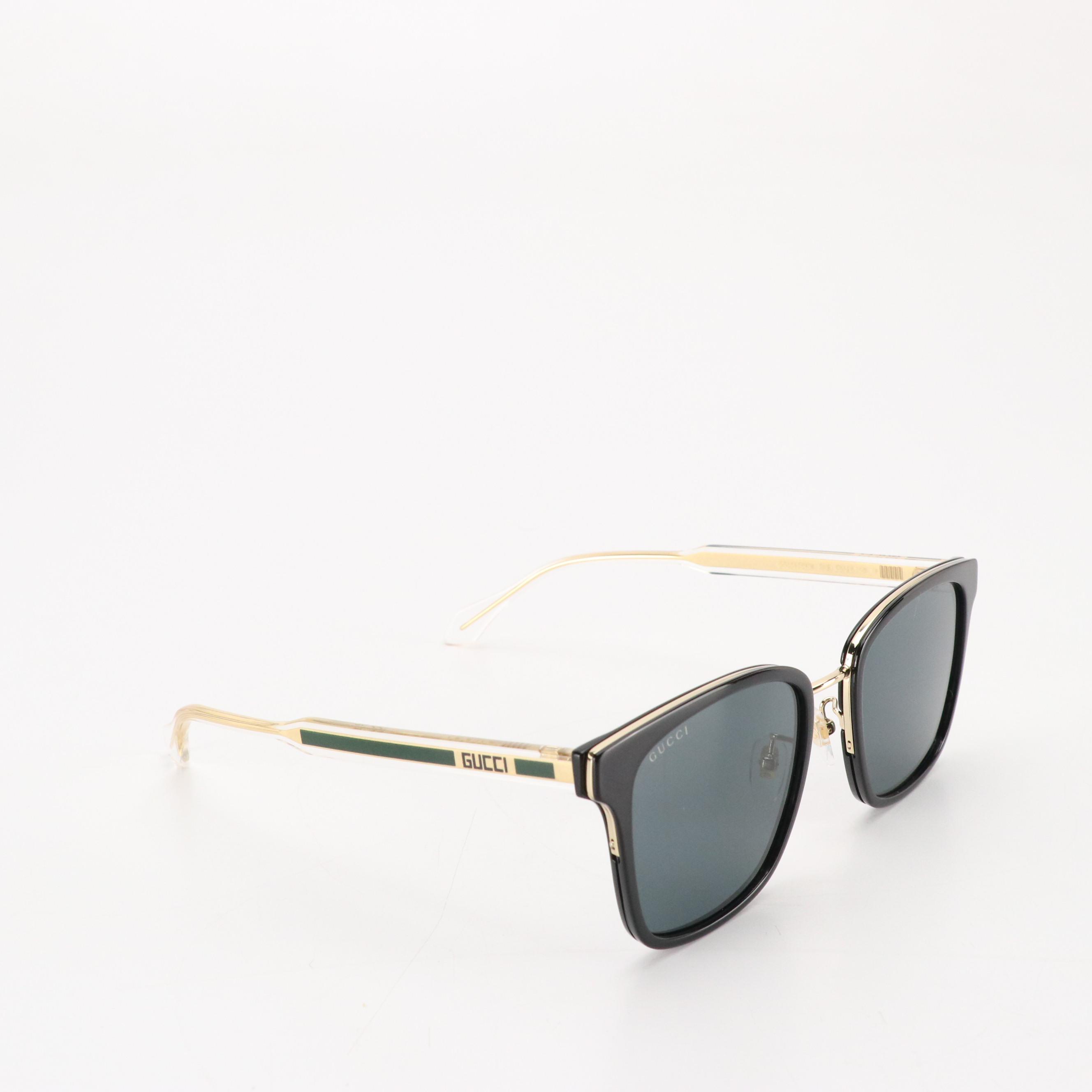 Men's Gucci GG056SKN Black Square Crystal Gray Lens Sunglasses with Case