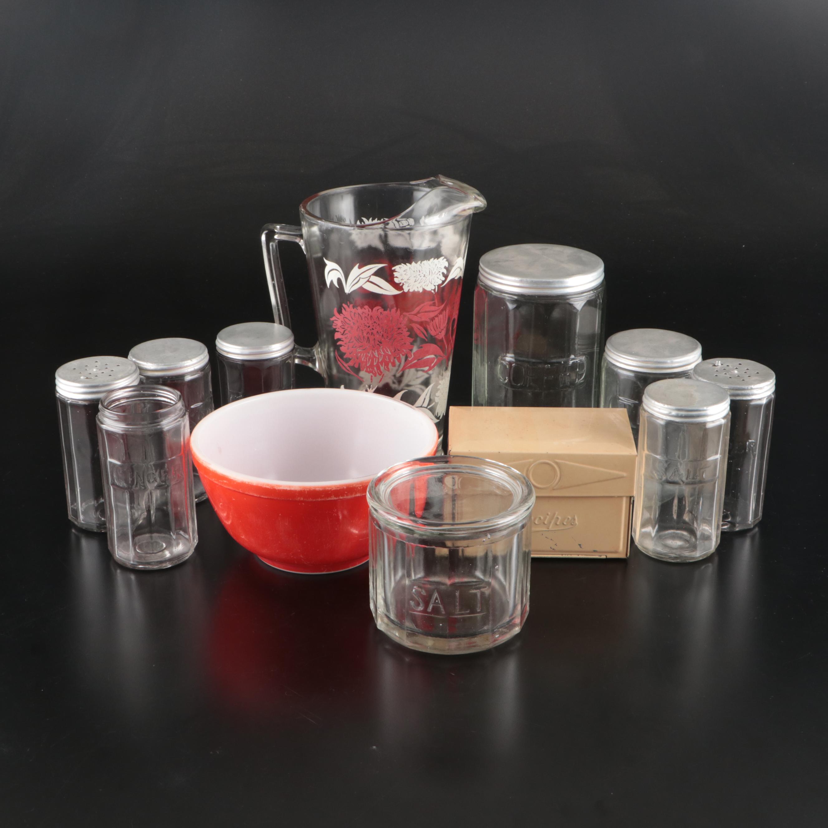 Vintage Recipe File Tin with Pyrex Mixing Bowl and Glass Storage Containers