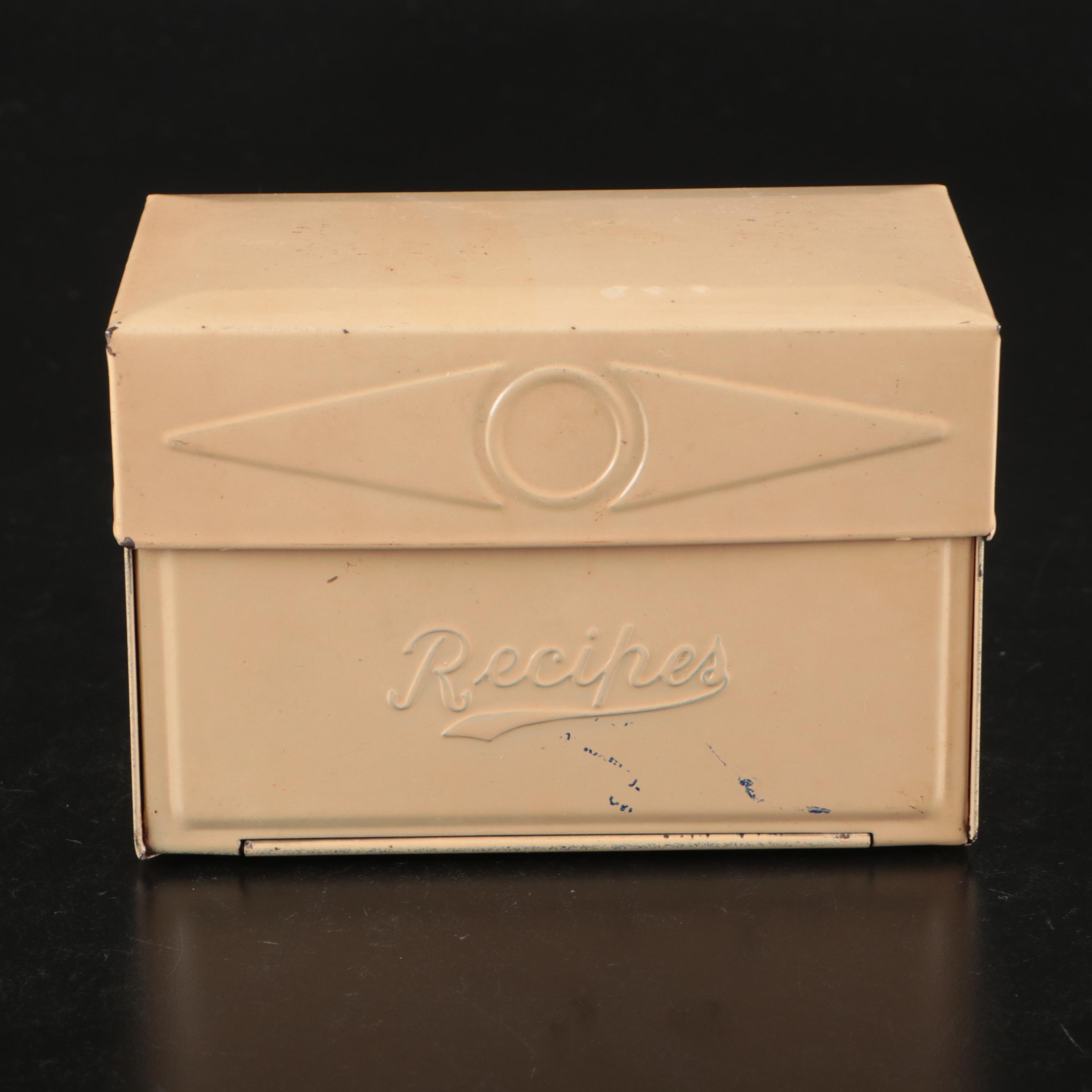 Vintage Recipe File Tin with Pyrex Mixing Bowl and Glass Storage Containers