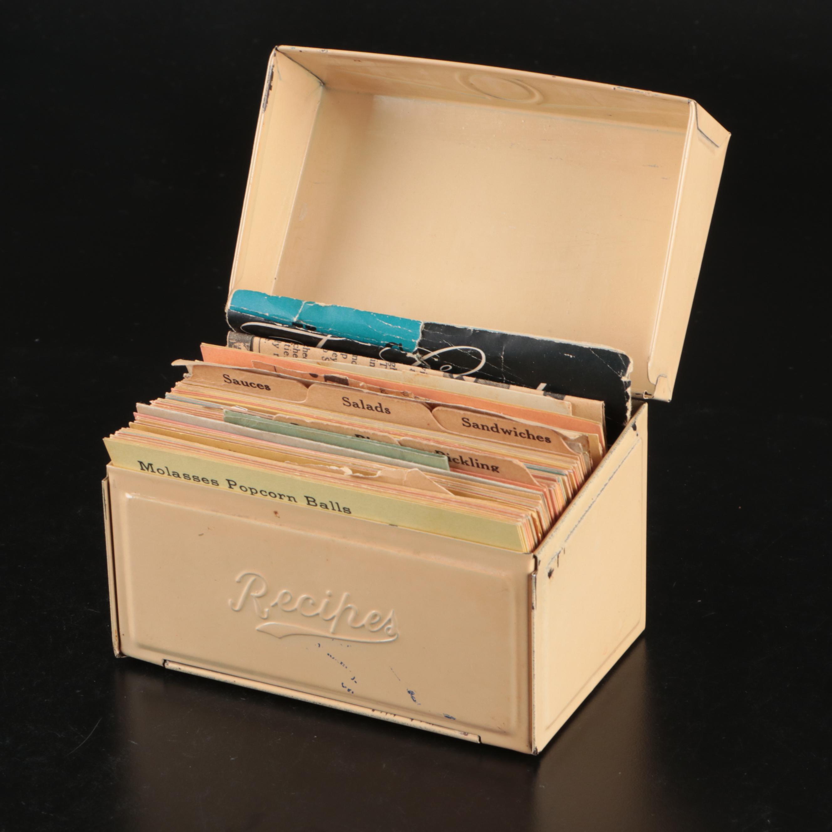 Vintage Recipe File Tin with Pyrex Mixing Bowl and Glass Storage Containers