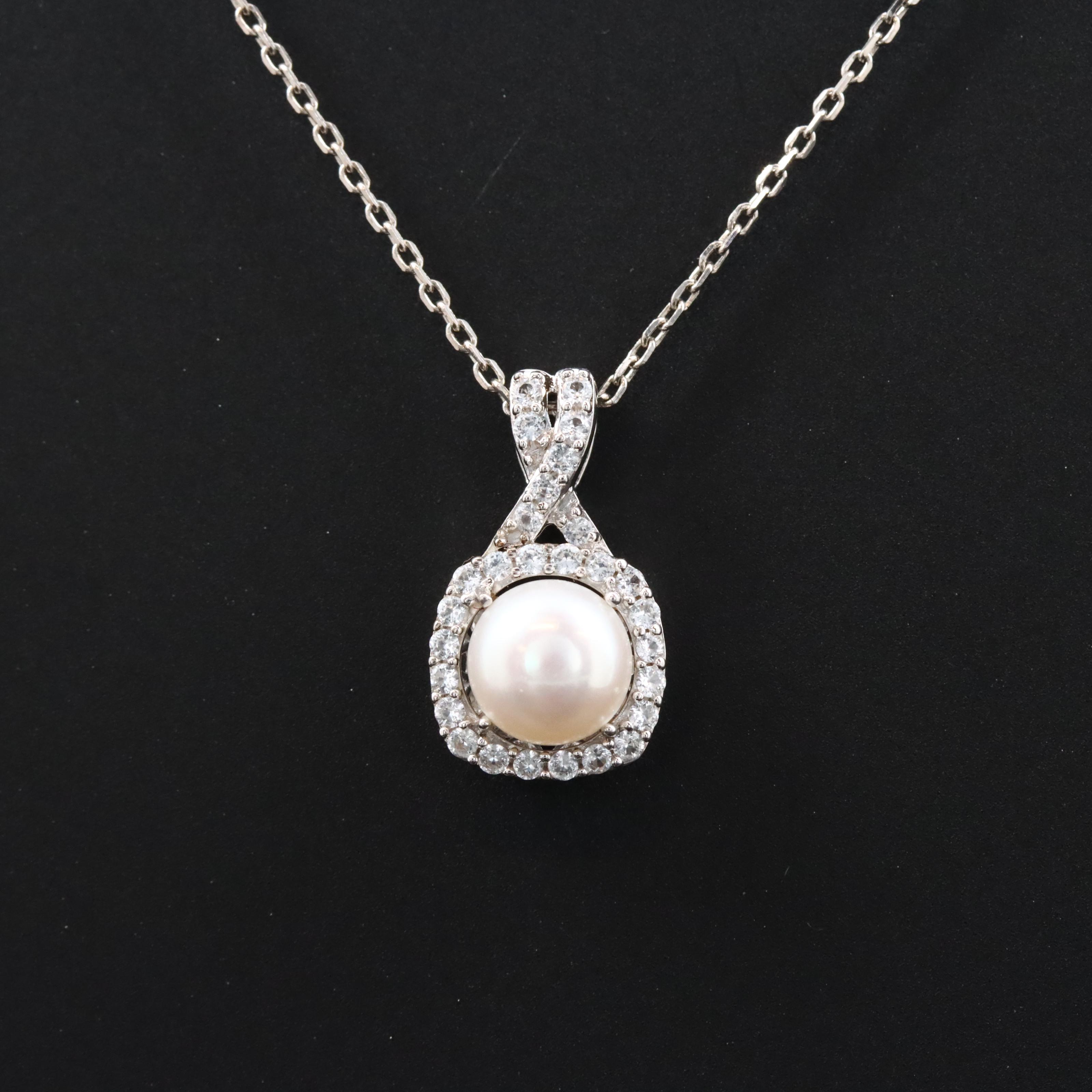 Sterling Pearl and White Sapphire Pendant Necklace