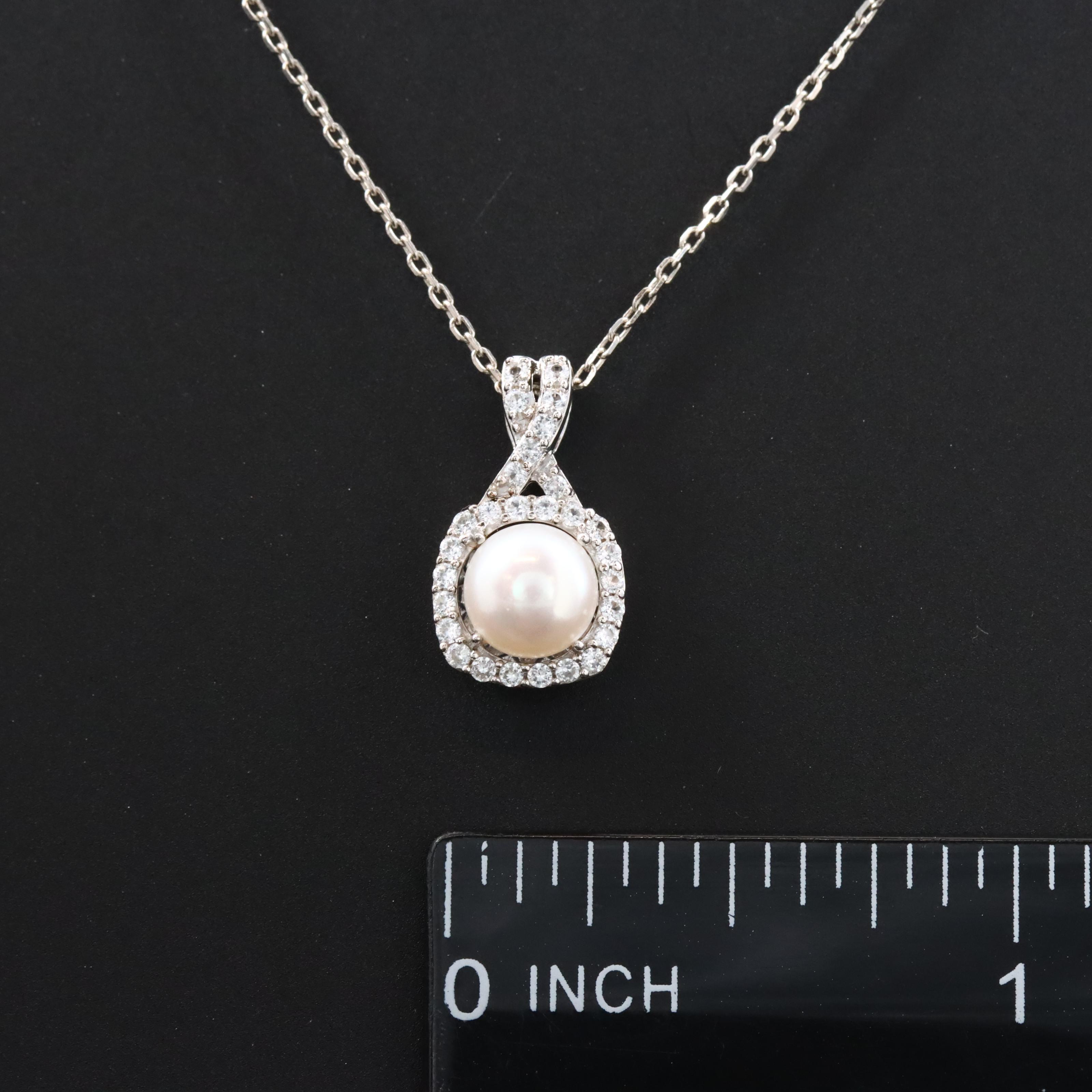Sterling Pearl and White Sapphire Pendant Necklace